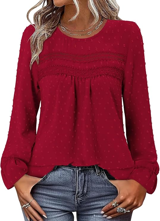 BETTE BOUTIK Womens Boho Fall Long Sleeve Shirts Crewneck Dressy Casual Blouses Trendy Flowy Tops