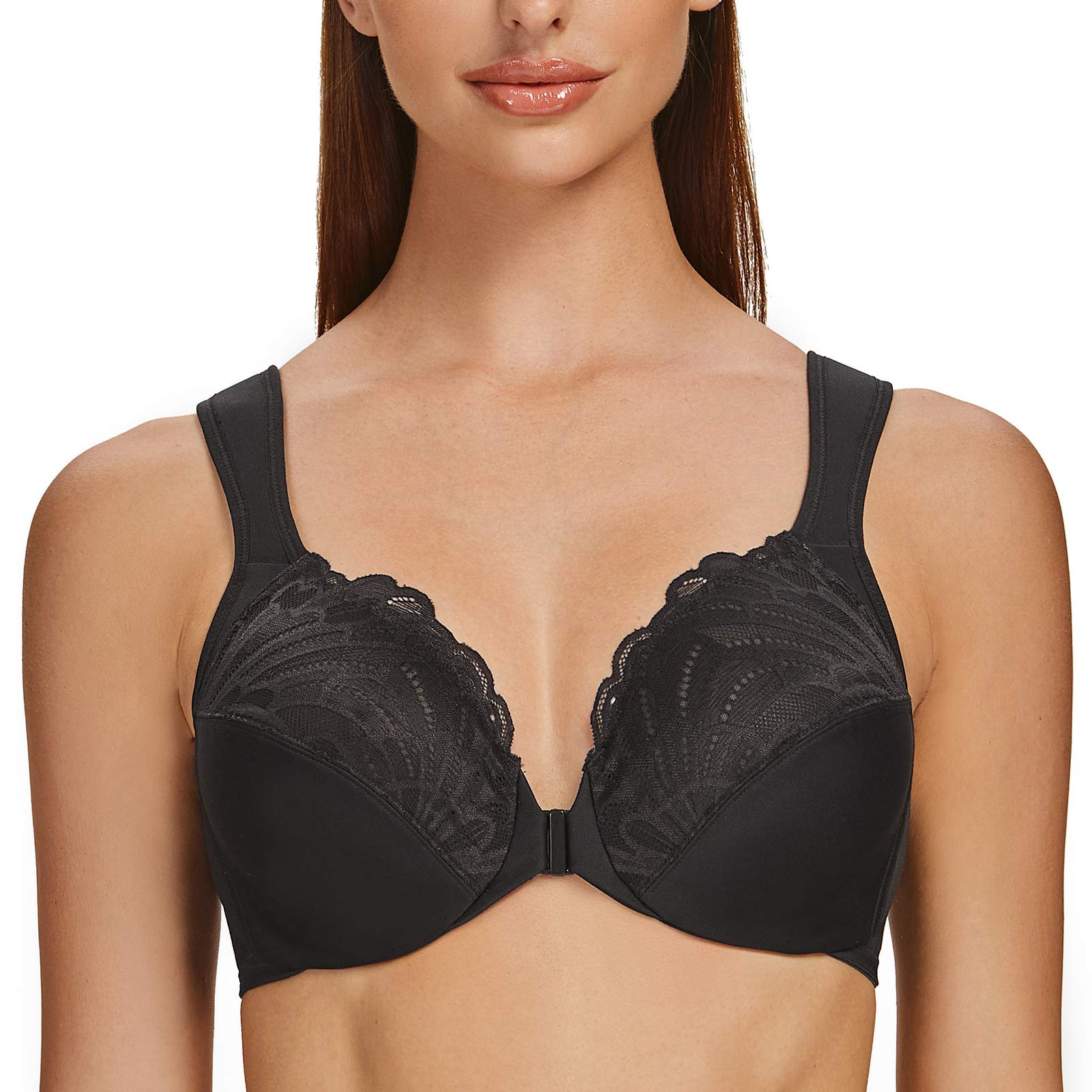 MELENECA Front Fastening Bras for Women Plus Size Underwire Unlined Lace Cup Cushion Strap Black 46E