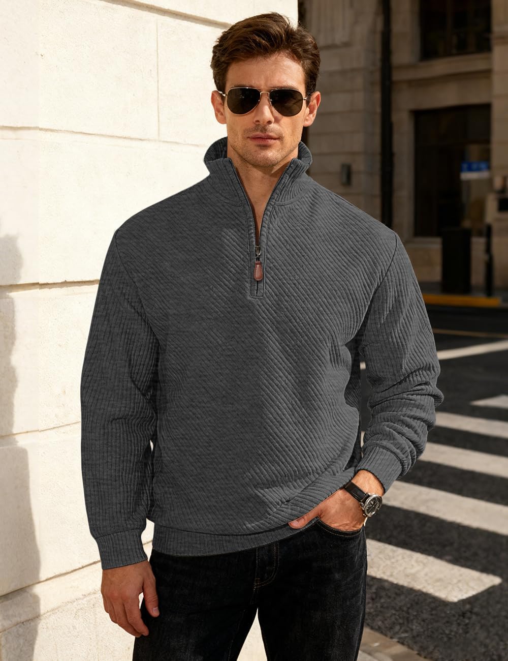 Mens Sweaters Pullover Sweater Casual Athletic Long Sleeve Quarter Zipper Stand Collar Sweatshirt - Image 2
