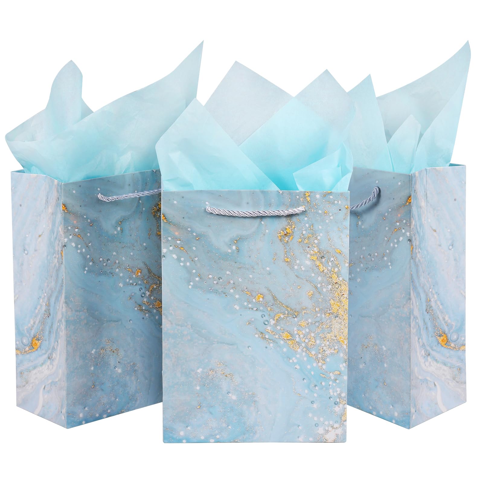 3 Pieces Gift Bag Medium Size Present Bag with 3 Tissue Paper Gift Bags for Birthday Party 20X 10 X 28 cm Marbling Design