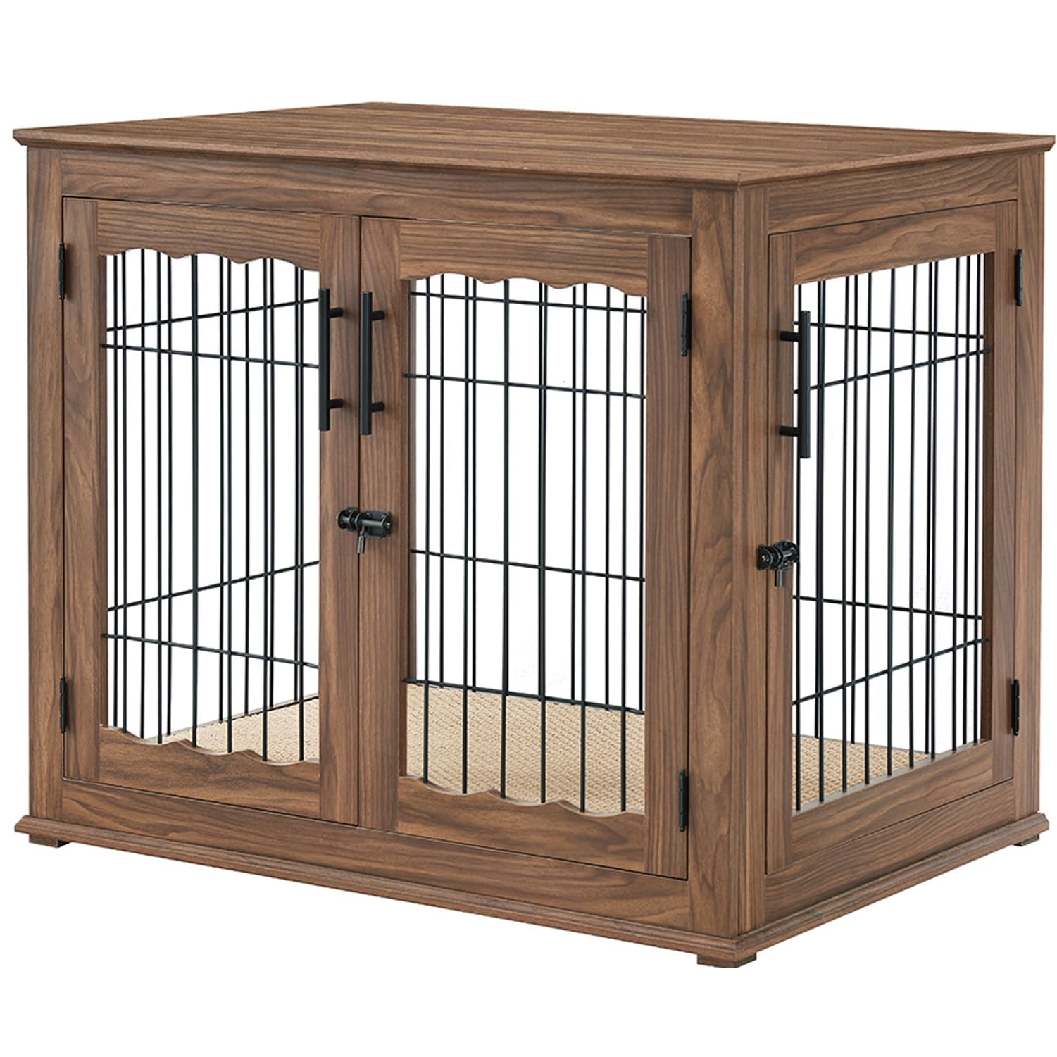 Dog Crate Furniture with Cushion, Large Dog Kennel with Wood and Mesh, Dog House, Pet Crate Indoor Use, Large, Brown Colour, Soft Cushion