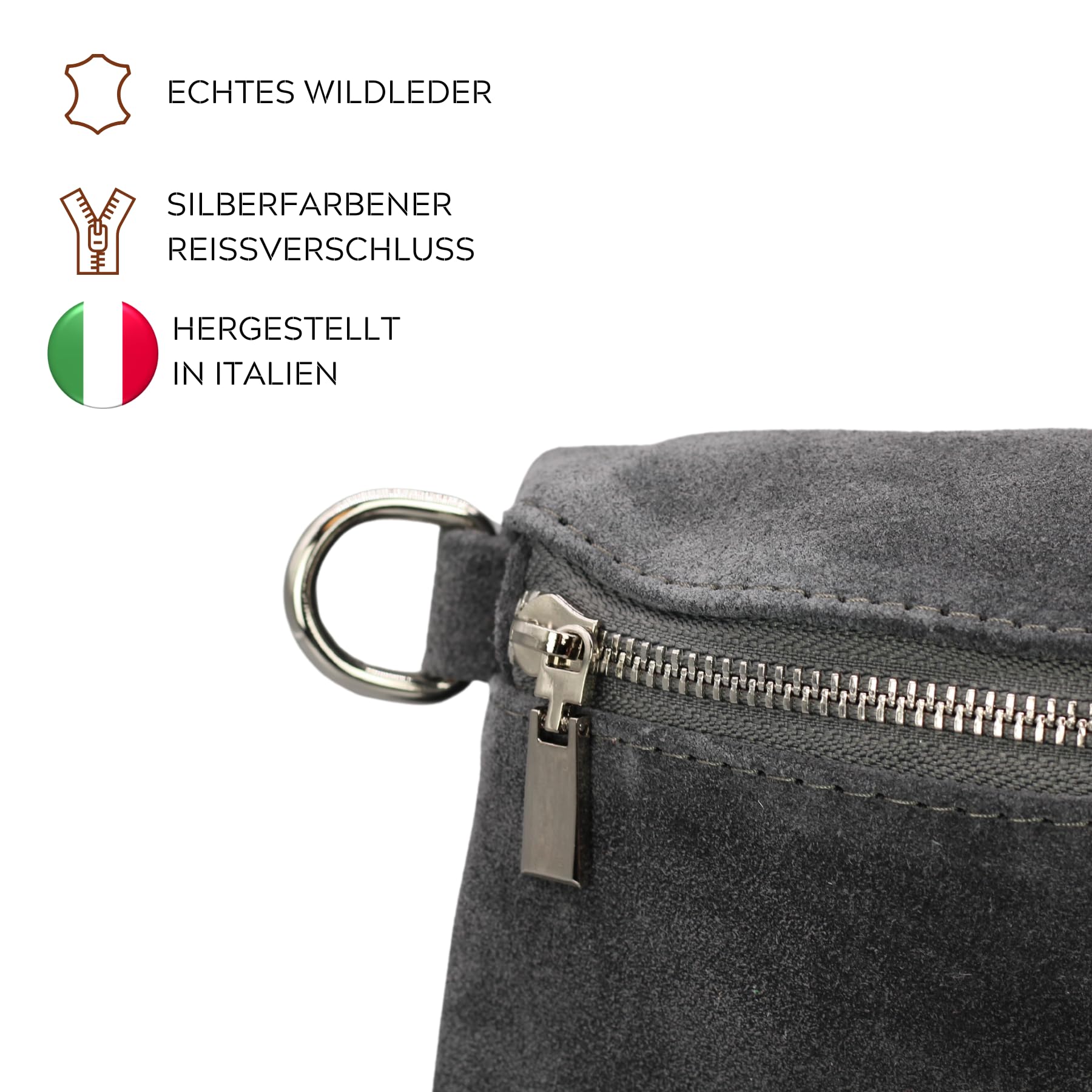 Brise Art AFIA Suede Bauchtasche Wildleder Handgefertigt Crossbody Bag | Damen Umhängetasche, Echtes Wildleder, Schultertasche mit Ledergurt & wahlweise gemustertem Riemen, 3 Fächer, Made in Italy
