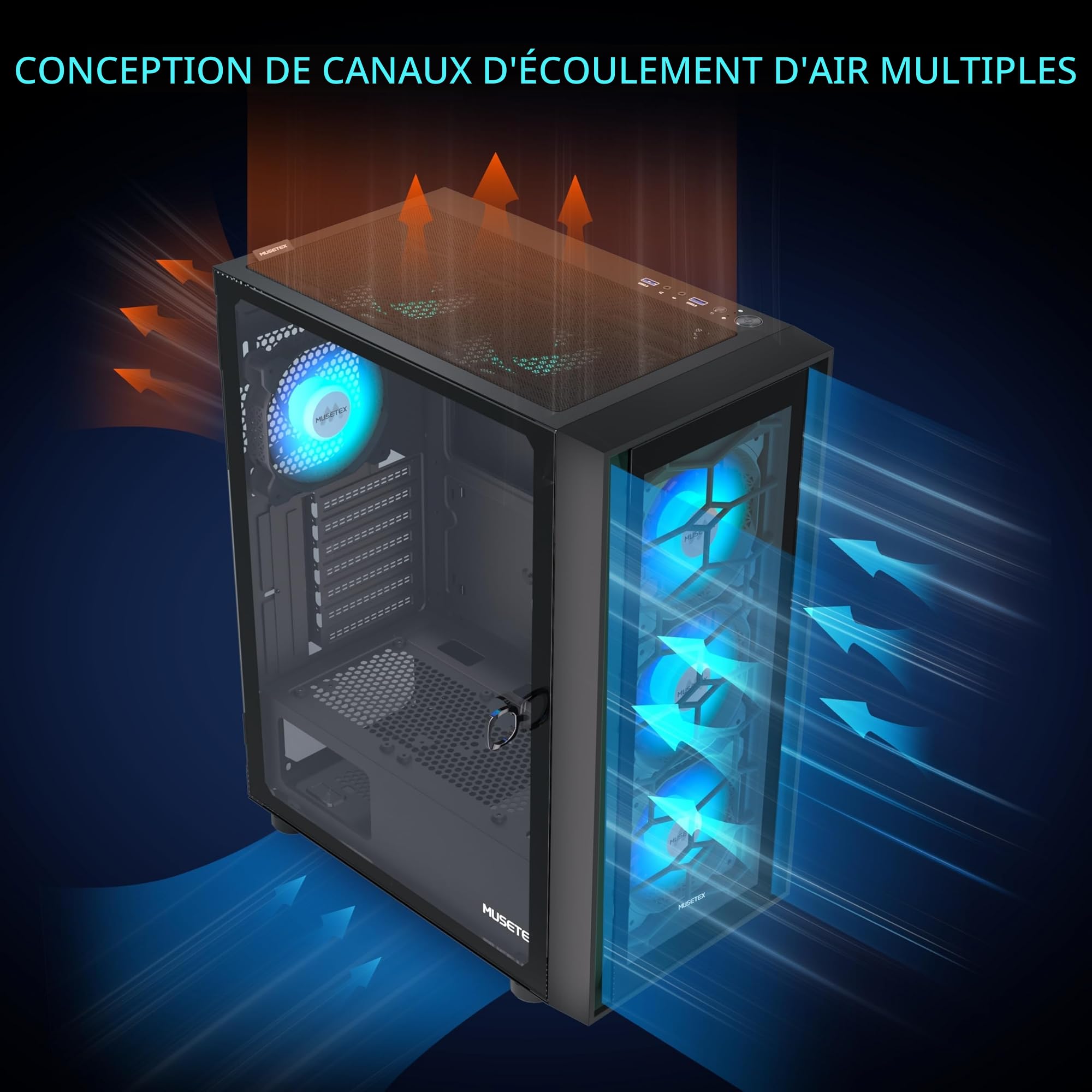 MUSETEX Boitier PC ATX, 6 Ventilateurs PWM ARGB pré-installés, Boîtiers pc Informatique avec Double Verre trempé, USB 3.0 x 2 Boitier pc Gamer Mid Tower, Noir, G07