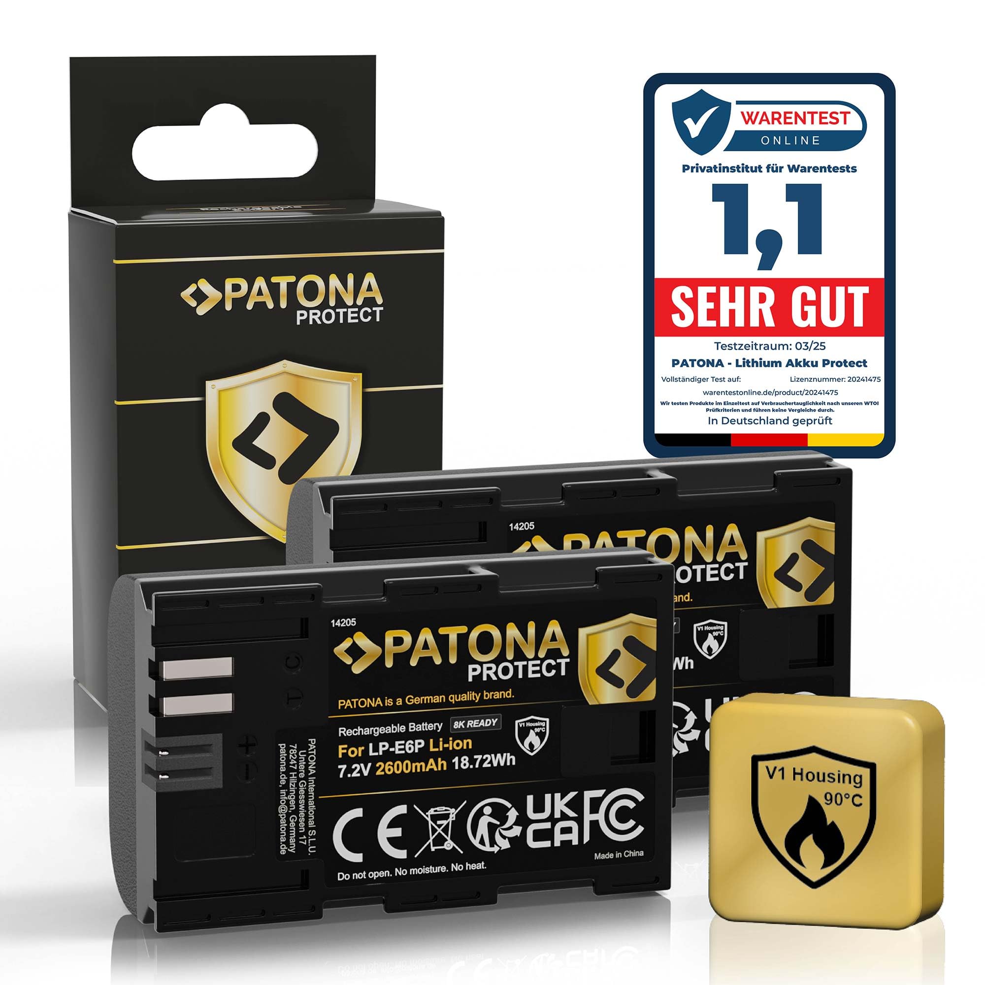 PATONA 2x Protect Batteria LP-E6P 2600mAh 6A – pronta per 8K, per Canon EOS R5 Mark II & R5C – sostituisce LP-E6P LP-E6NH LP-E6N LP-E6 – compatibile con R6 R6II R7 5D IV 90D – guscio V1