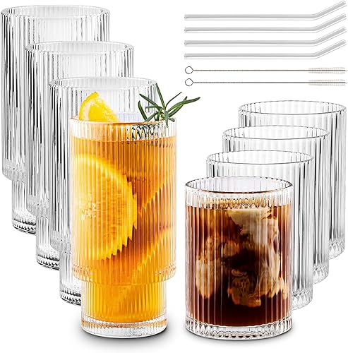Vasos de vidrio acanalados con pajitas de 12 onzas, juego de 4 vasos de cóctel, cristalería vintage, vasos de whisky, accesorios de barra de café,
