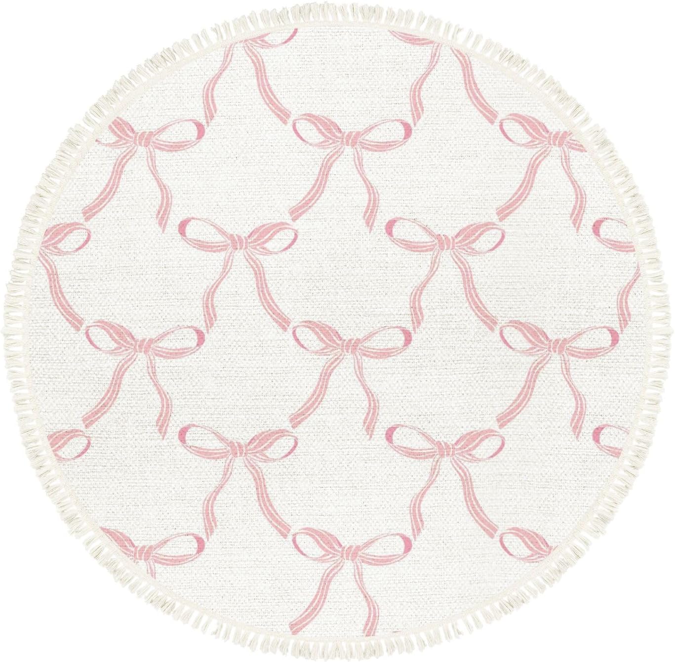 Pink Bow Rug Round Rugs Cute Coquette Pattern Seamless Pink Ribbon Bow White Boho Area Rugs Linen and Cotton Carpet Meditation Rug Washable Hallway Runner Mat for Bedroom Nursery 6ft 6 ft Multi6