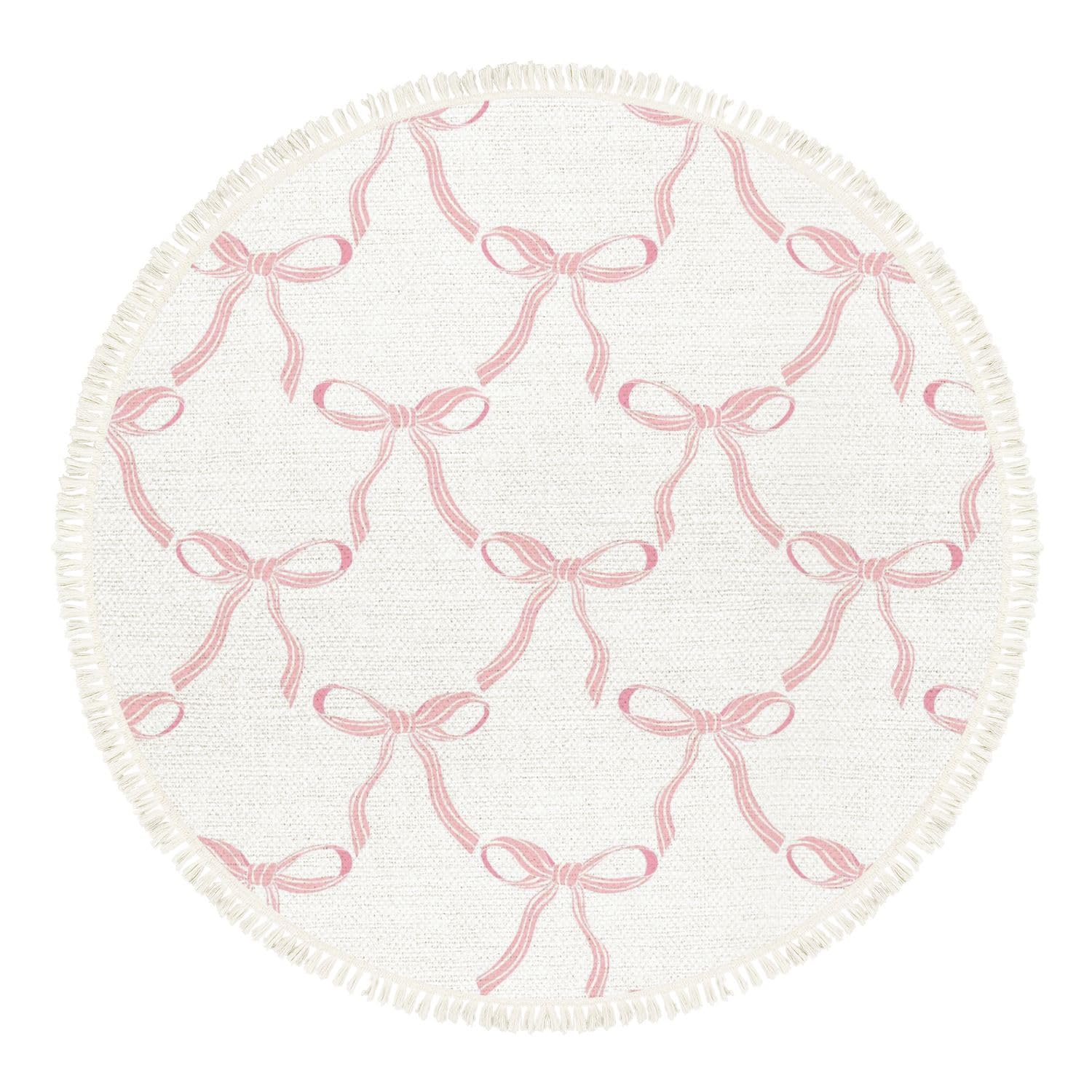 Pink Bow Rug Round Rugs Cute Coquette Pattern Seamless Pink Ribbon Bow White Boho Area Rugs Linen and Cotton Carpet Meditation Rug Washable Hallway