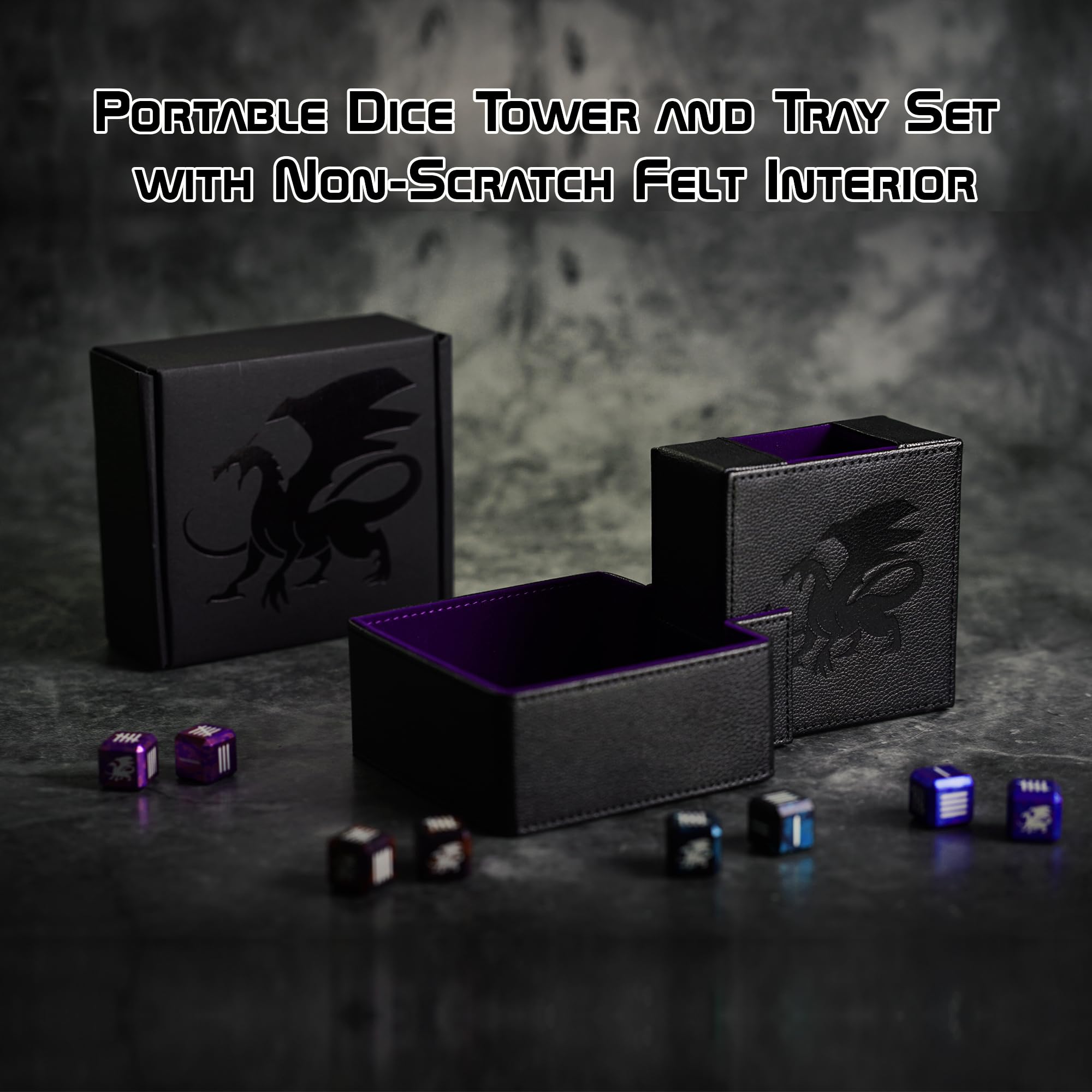 AKO DICE - Foldable Dice Tower and Dice Tray - Portable and Sturdy DND Dice Rolling Tray Tower - PU Leather Dice Case - Great Gift for Dragons and Dungeons, RPG, MTG and Tabletop Gaming - Purple