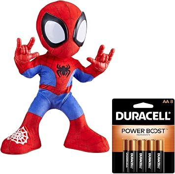 Spidey and His Amazing Friends Marvel Dance N Crawl Spidey, Interactive Plush Toy with 20 Phrases & Sounds + Duracell Coppertop AA Batteries 8 Count Bundle