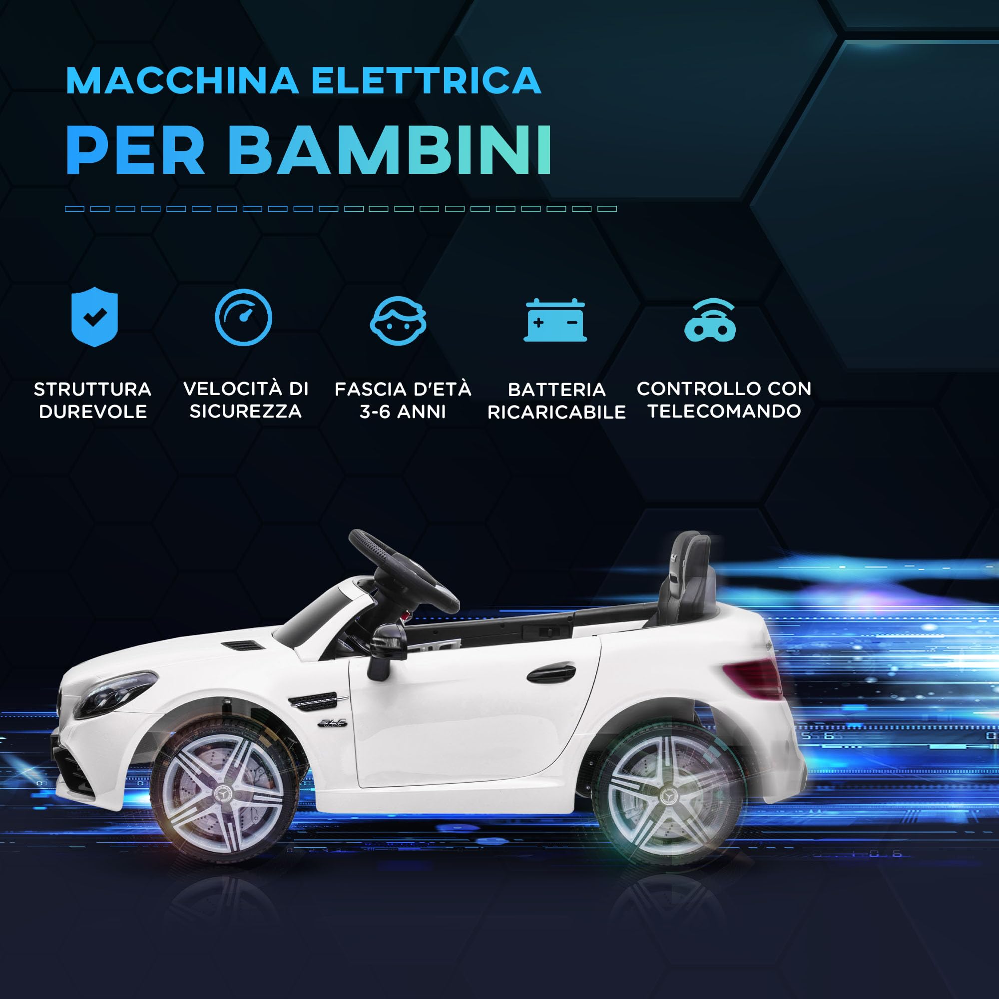 AIYAPLAY Macchina Elettrica per Bambini 3-6 Anni 12V Licenza Mercedes SLC 300, 3-5km/h Auto Elettrica per Bambini con 2 Motori, Sospensioni, Telecomando, Musica, Clacson e Fari, in PP Metallo, Bianco