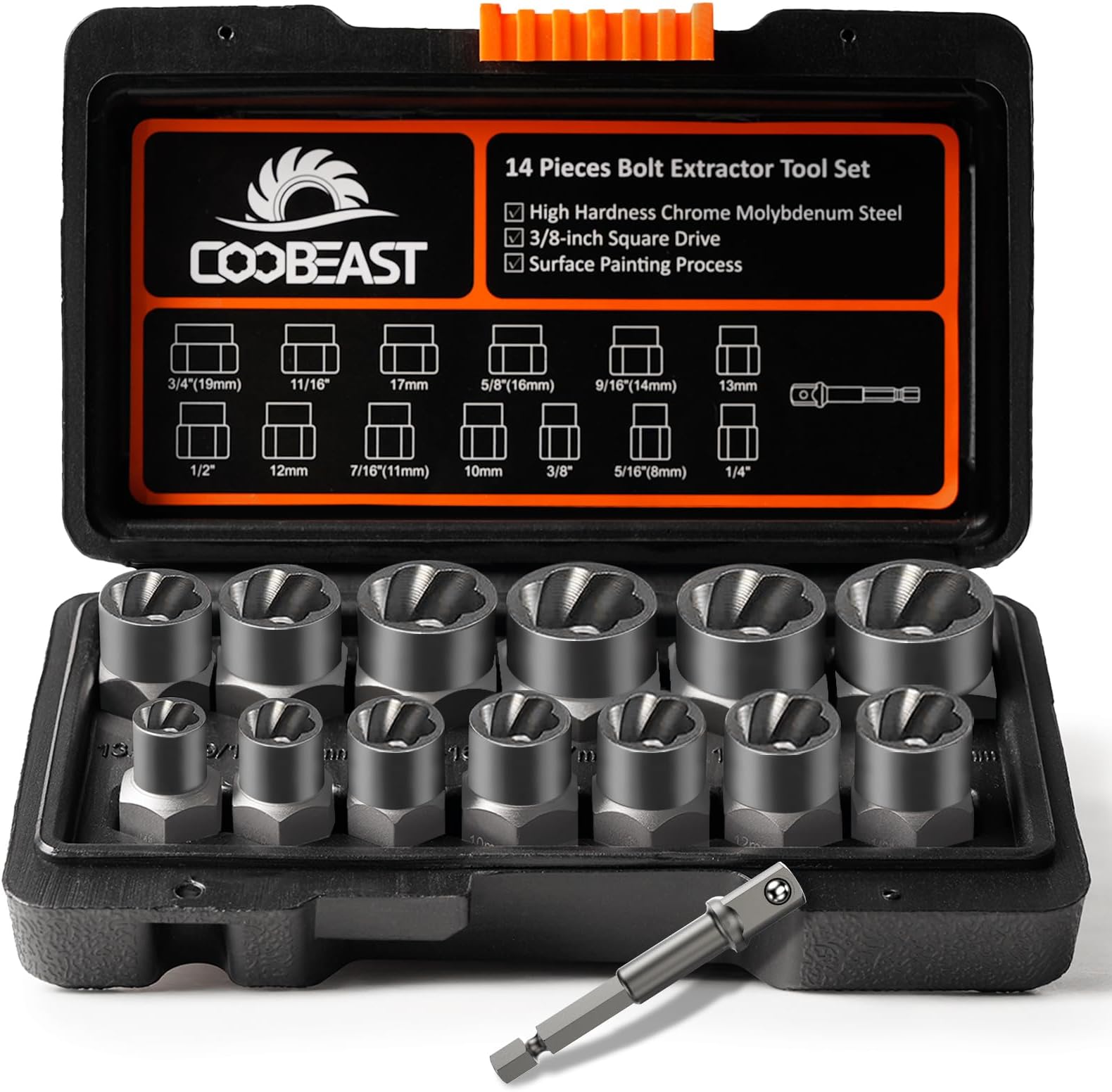 Coobeast Bolt Extractor Set Heavy Duty, 13Pcs Bolt Extractor Kit with 3/8 Inch Adapter, Stripped Lug Nut Remover, Easy Out Bolt Remover Set for Rusted, Rounded, Damaged Nuts Screws