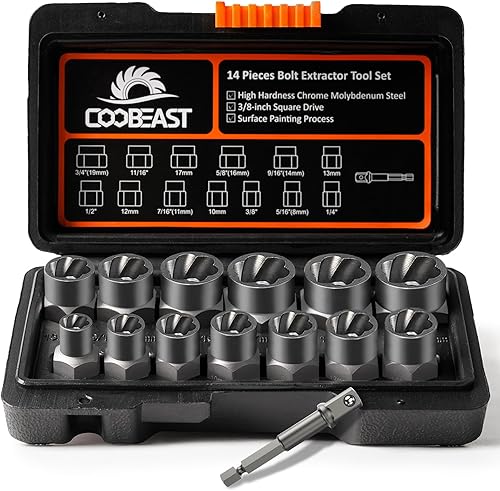 Coobeast - Juego de extractor de pernos resistente, 13 piezas con adaptador de 38 pulgadas, para tuercas peladas, tornillos oxidados, redondeados y