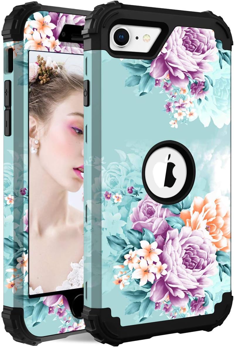PIXIU Compatible with iPhone SE 4.7 inch 2020 case, Heavy Duty 3 Layer Shockproof Full-Body Protective Rugged Hard Case for iPhone SE 2020 Released Peonies