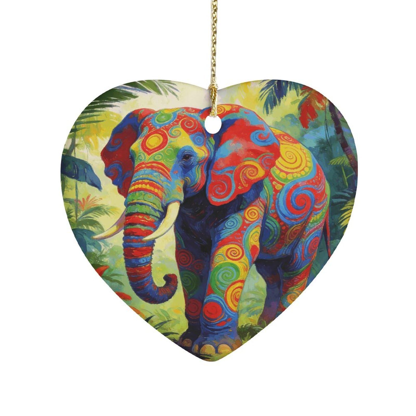 Khauerbc Style Colorful Elephantheart Shaped Ceramic Ornament With String,Ceramic Ornament,Two-Sided Printed For Christmas Tree And Holiday Decoration