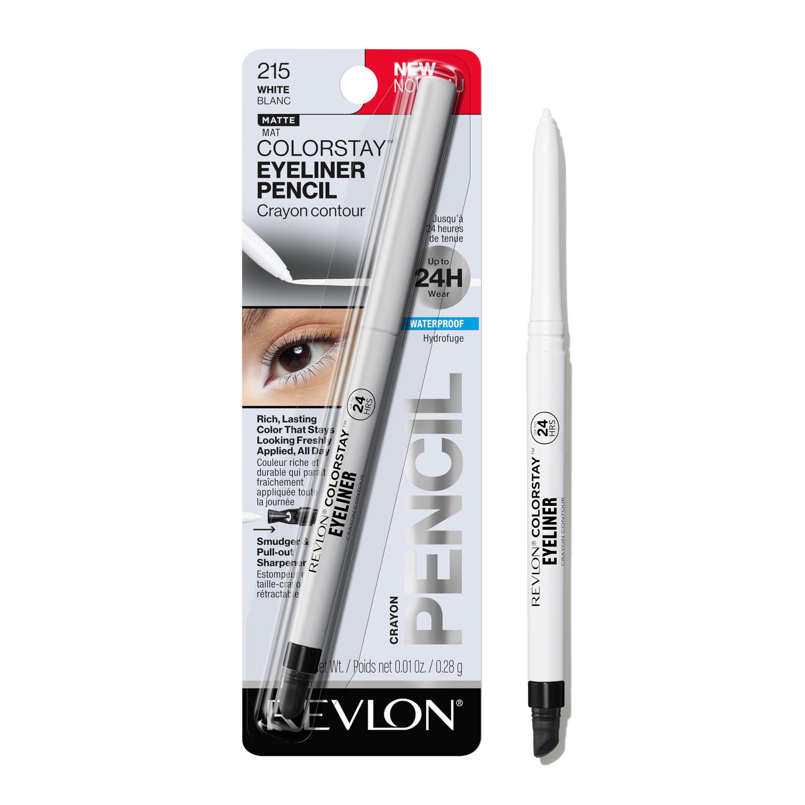 REVLON ColorStay Pencil Waterproof Eyeliner, Smudge-Proof, Eye Makeup with Built-In Sharpener, 215 White, 0.01 oz