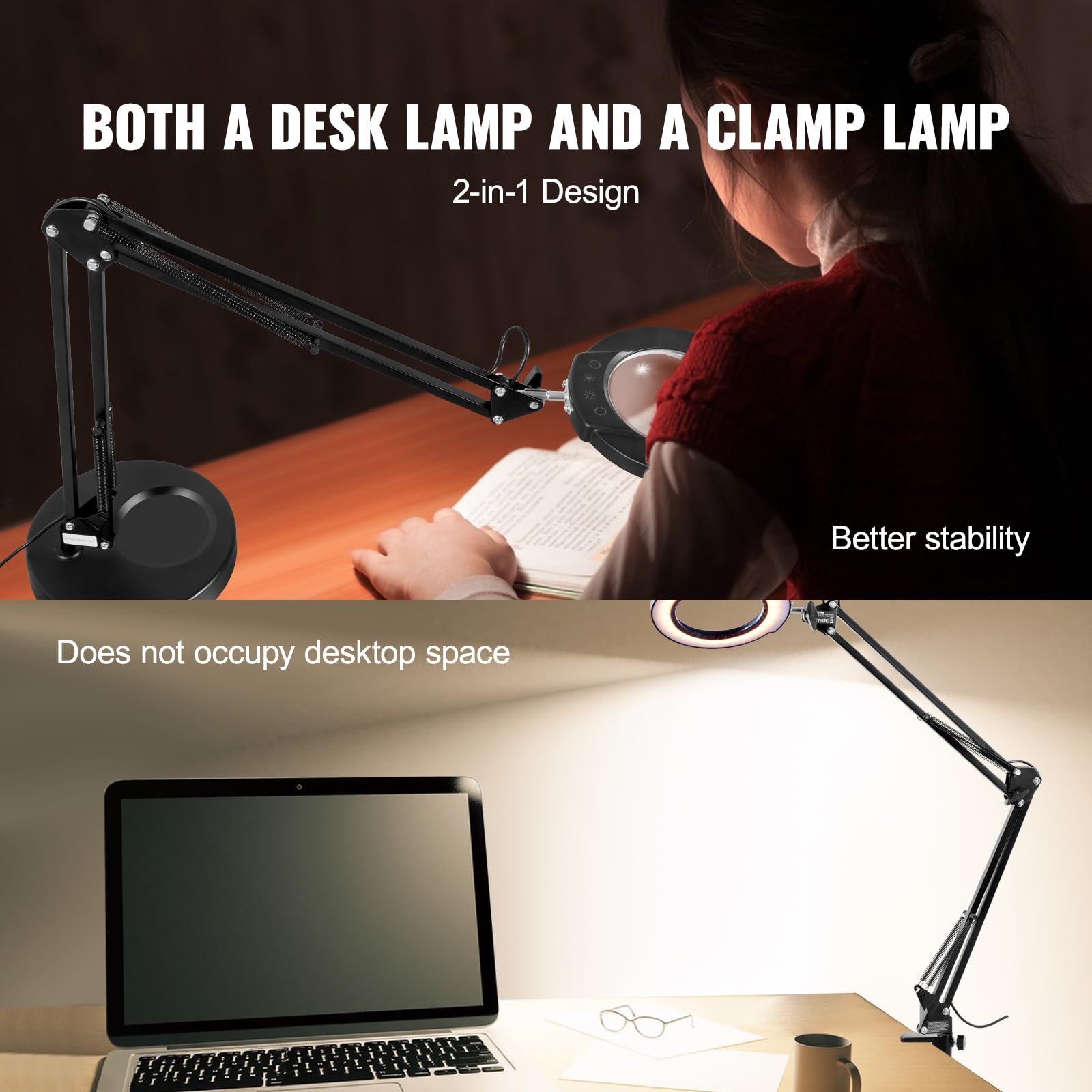 VEVOR 64 LED lampa z lupą, lampa robocza ze stojakiem, lampa stołowa 5 x powiększenie, 5-kolorowe ściemnianie, soczewka szklana 110 mm, inteligentne sterowanie dotykowe, idealna do pracy, nauki