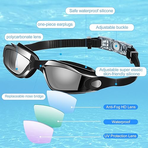 Miniatura 4 de Konohan Paquete de 8 gafas de natación sin fugas para adultos, protección UV, gafas de piscina con clip para la nariz