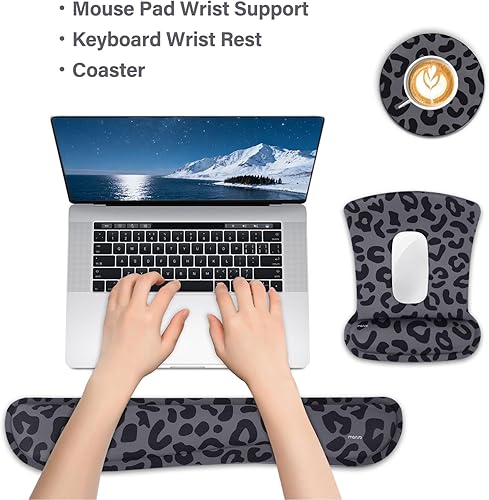 Vista 2 de MOSISO Wrist Rest Support for Mouse Pad&Keyboard Set, Leopard Grain Ergonomic Mousepad&Coaster Non-Slip Base Home/Office Pain Relief&Easy Typing