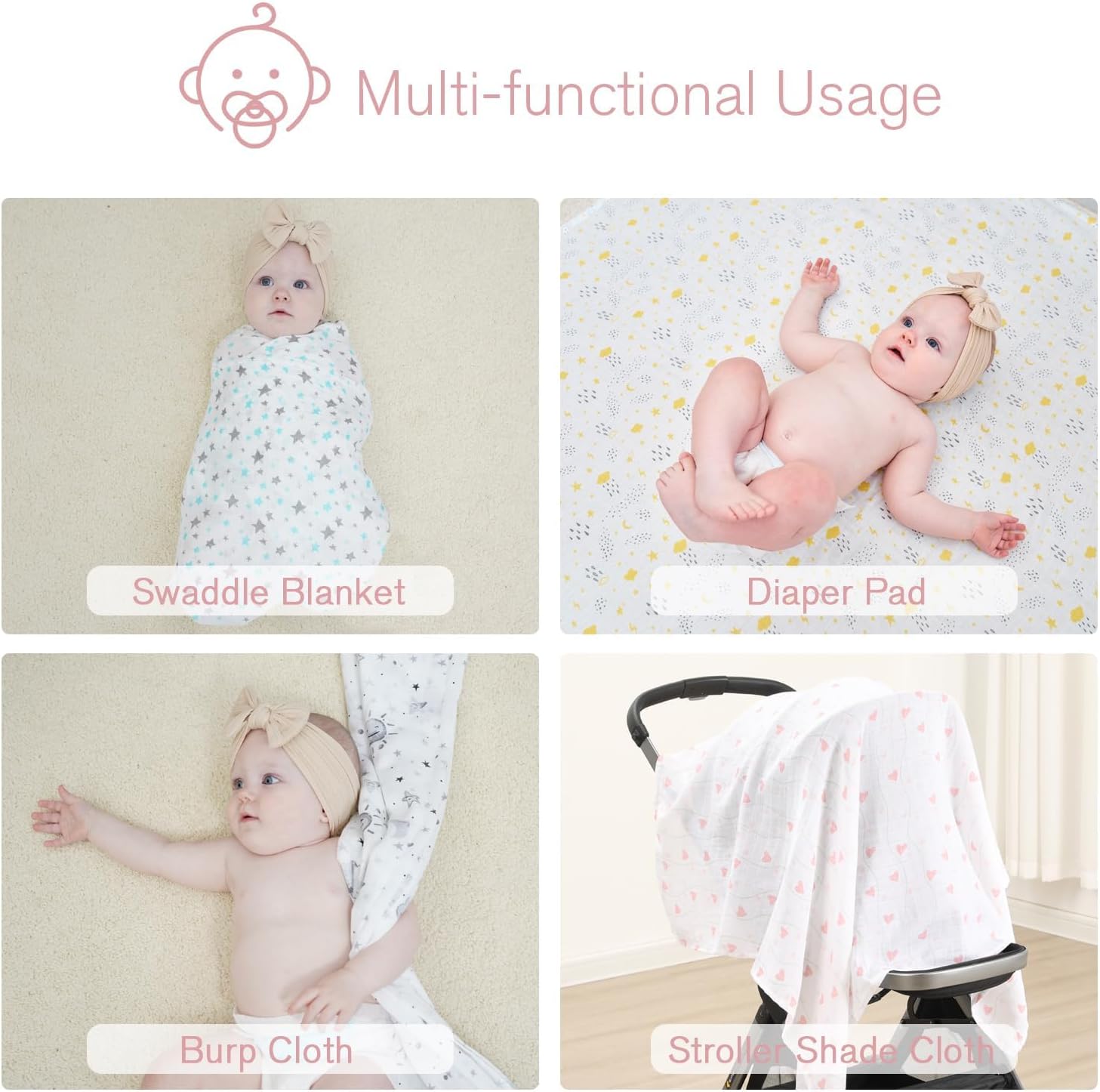 Little Grape Land Muslin Swaddle Blankets 47''x47'' 3 Pack, 100% Cotton Large Size Baby Swaddles for Newborn, Soft Breathable Baby Blankets for Newborns, Daliah - Image 5