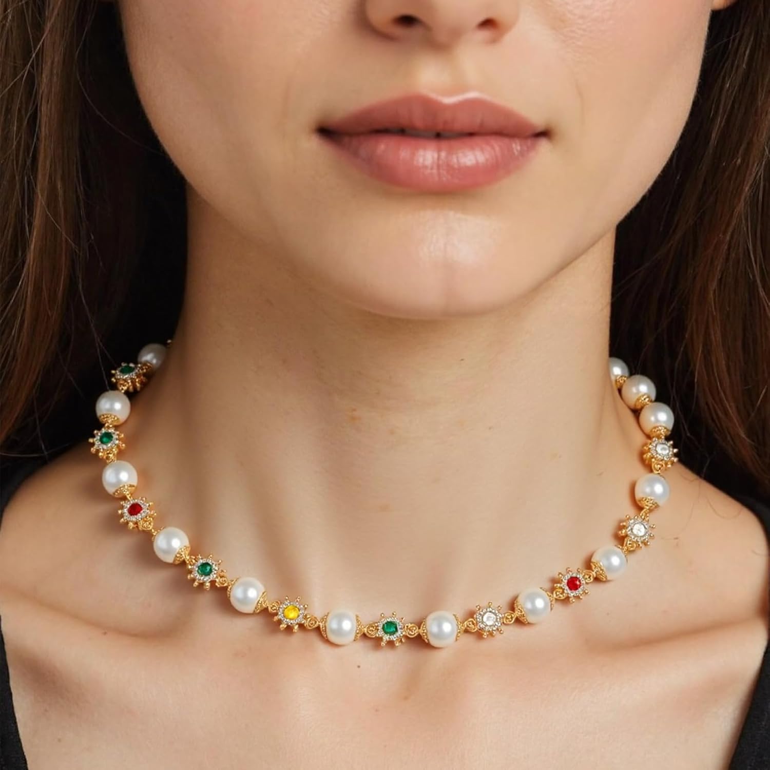 Pearl Choker Necklaces for Women,Gold Choker with Crystal Flower,Vintage Necklace Gift Dainty Pearl Statement Necklace for Women - Image 4