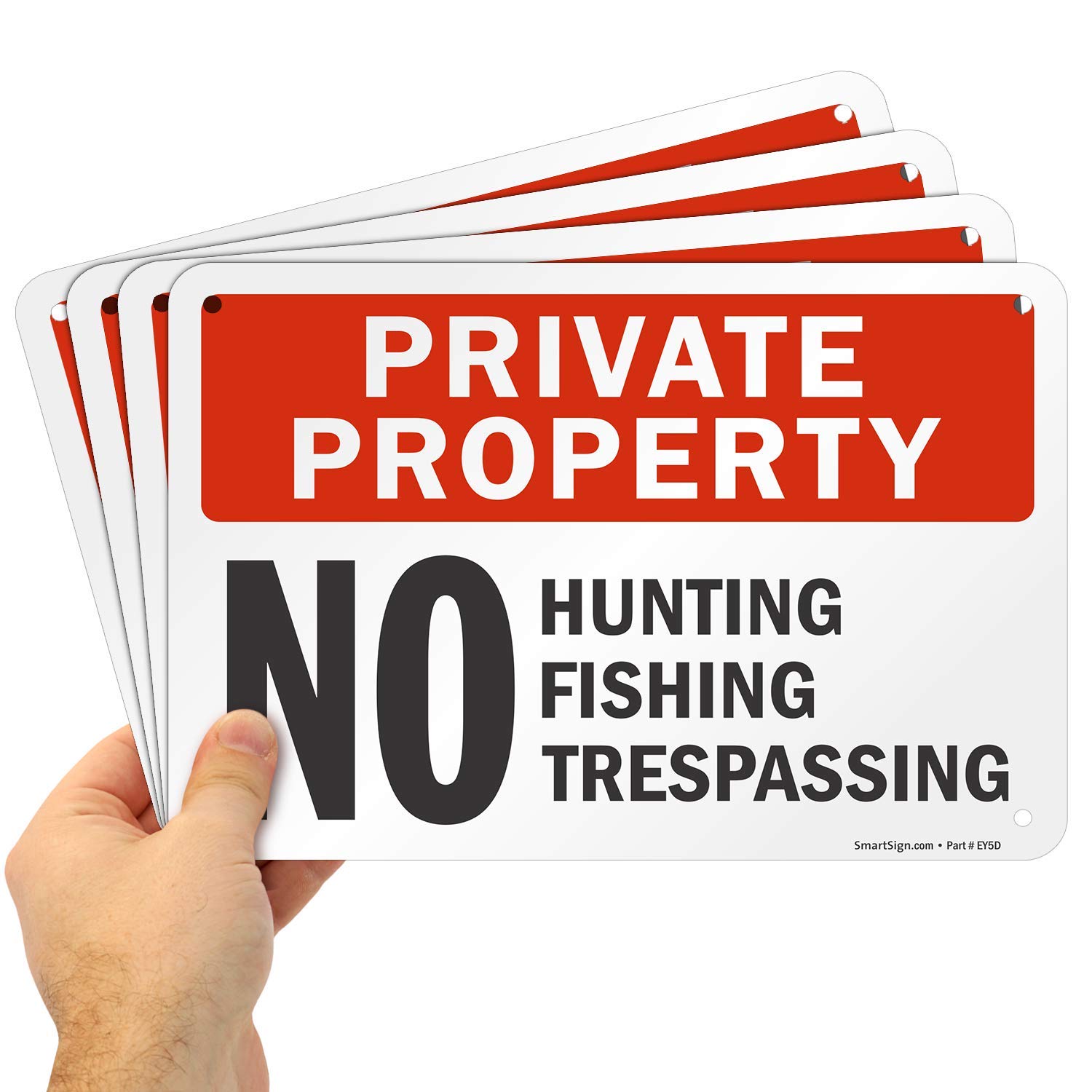 SmartSign (Pack of 4) 7 x 10 inch “Private Property - No Hunting, Fishing, Trespassing” Metal Sign, 40 mil Laminated Rustproof Aluminum, Red, Black and White, Made in USA