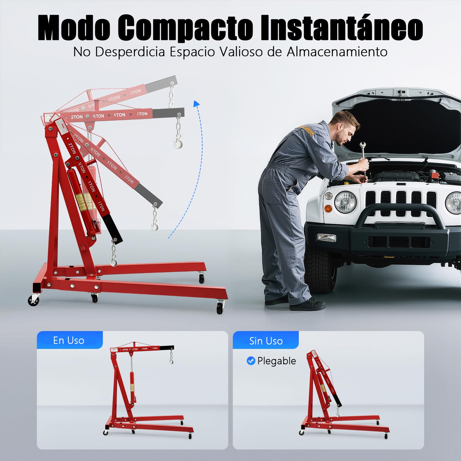 Grúa de taller plegable con 4 posiciones ajustables, 2000 kg, elevador de motor de acero al carbono, 6 ruedas giratorias de hierro, distancia máxima de gancho de 210 cm desde el suelo, color
