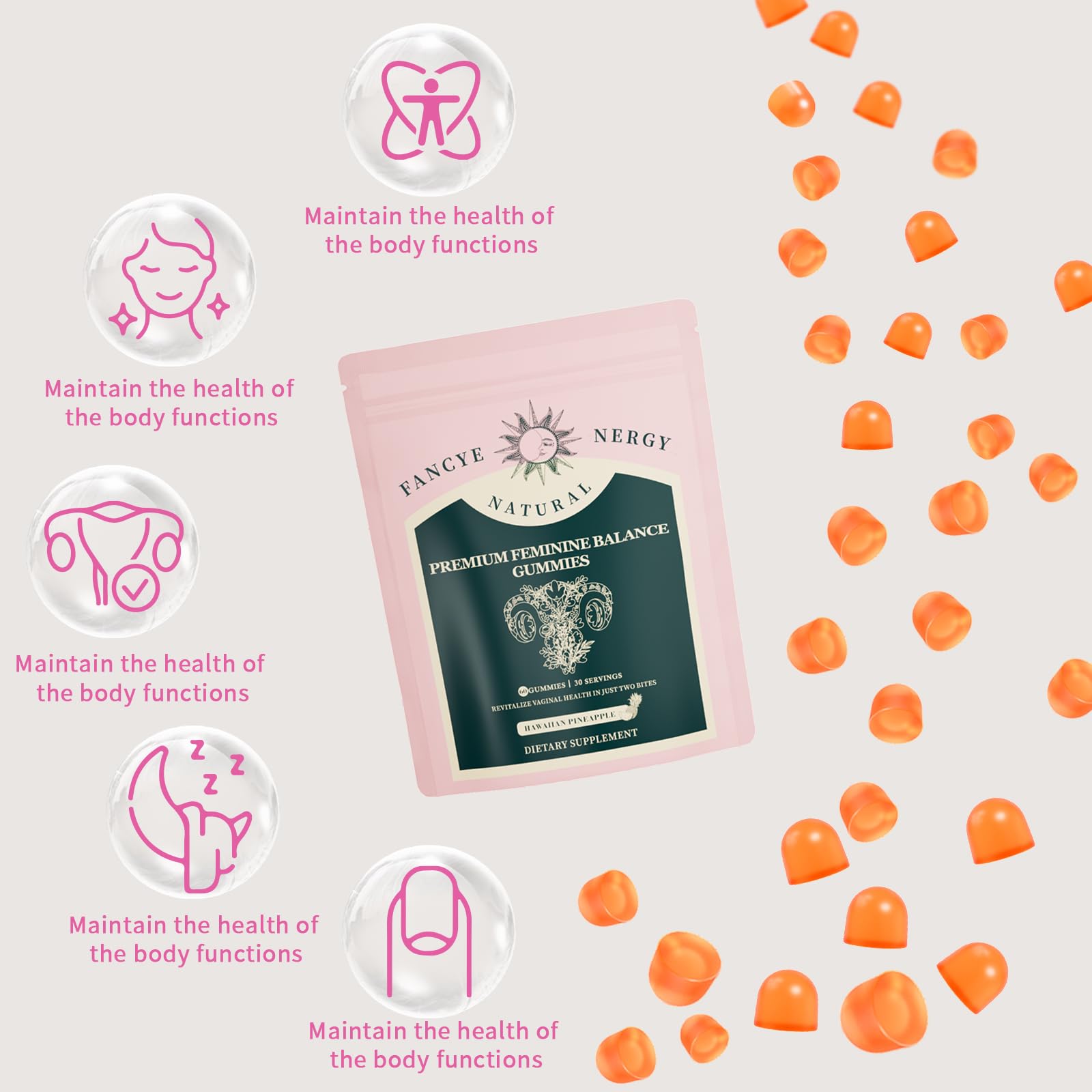 Premium Feminine Balance Gummibänder für Frauen - Hawaiianischer Ananasgeschmack für Frauen, pH-Ausgleich und Gesundheit des Verdauungssystems, Immununterstützung, GVO-frei, vegan.