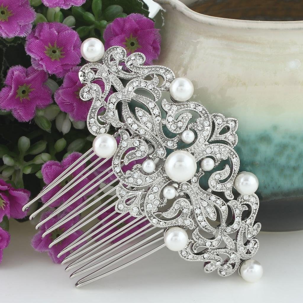 EVER FAITH Austrian Crystal Ivory Color Simulated Pearl 1920s Vintage Bride Wave Hair Comb