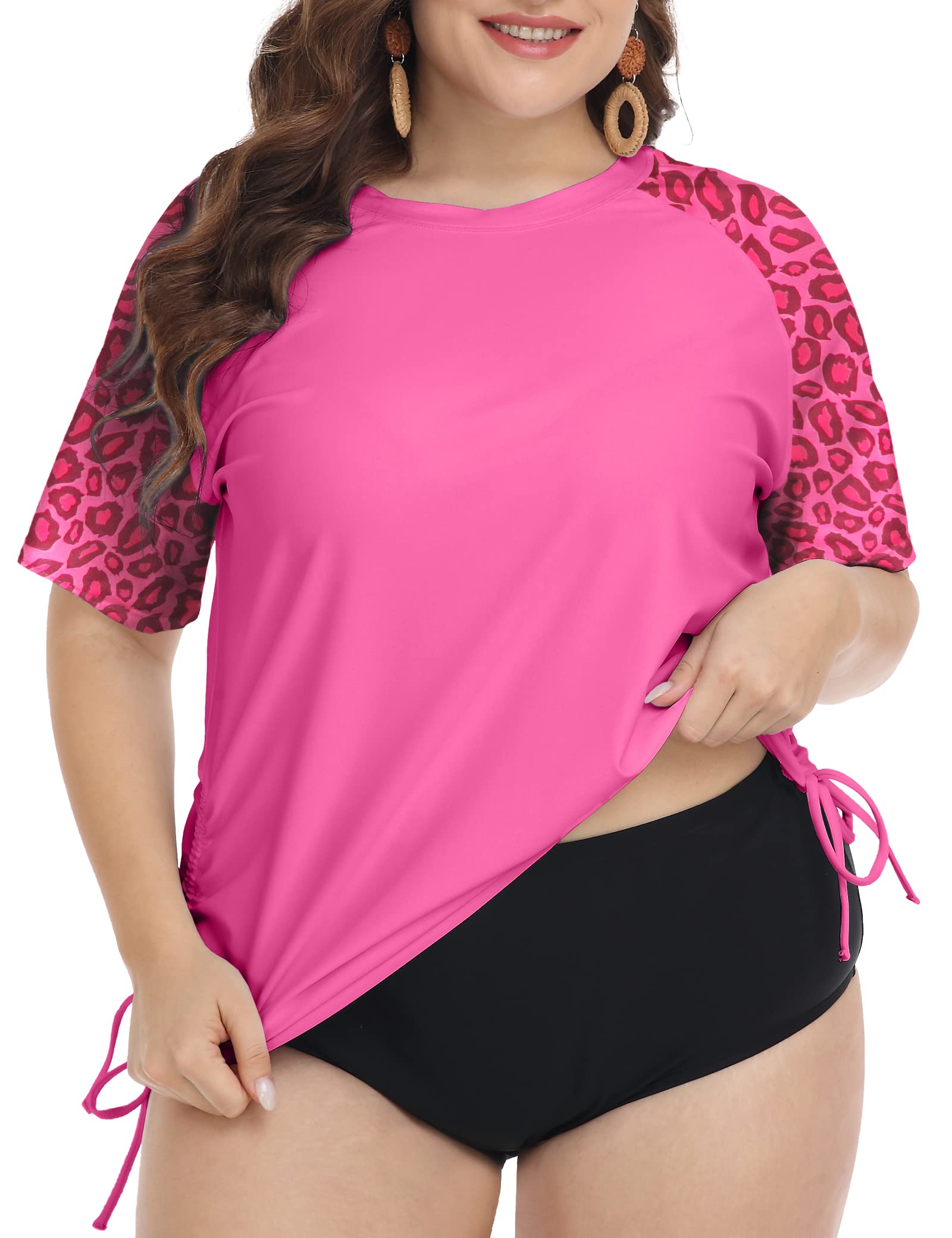 FOREYOND Plus Size Swim Tops Women Short Sleeve Rash Guard Shirts UPF 50+ Sun Protection Swimwear Swim Suits