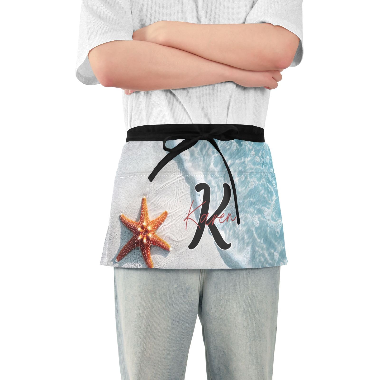 ODAWA Custom Monogram Short Apron with 3 Pockets Personalised Text Starfish on White Sand Beach Waterproof Waitress Waist Apron