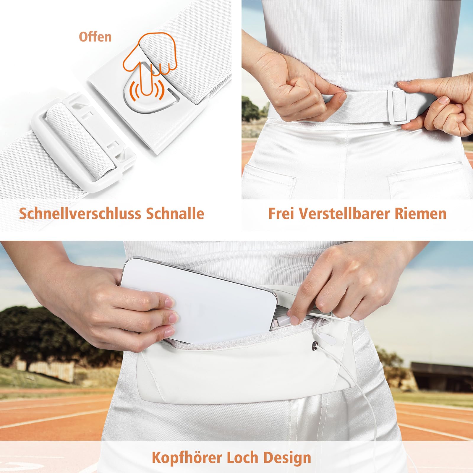 JasGood Laufgürtel für Handy Bauchtasche Hüfttasche Elastischer Lauftasche für Damen und Herren Gürteltasche Brusttasche zum Laufen Joggen Fitness Sport,Weiß