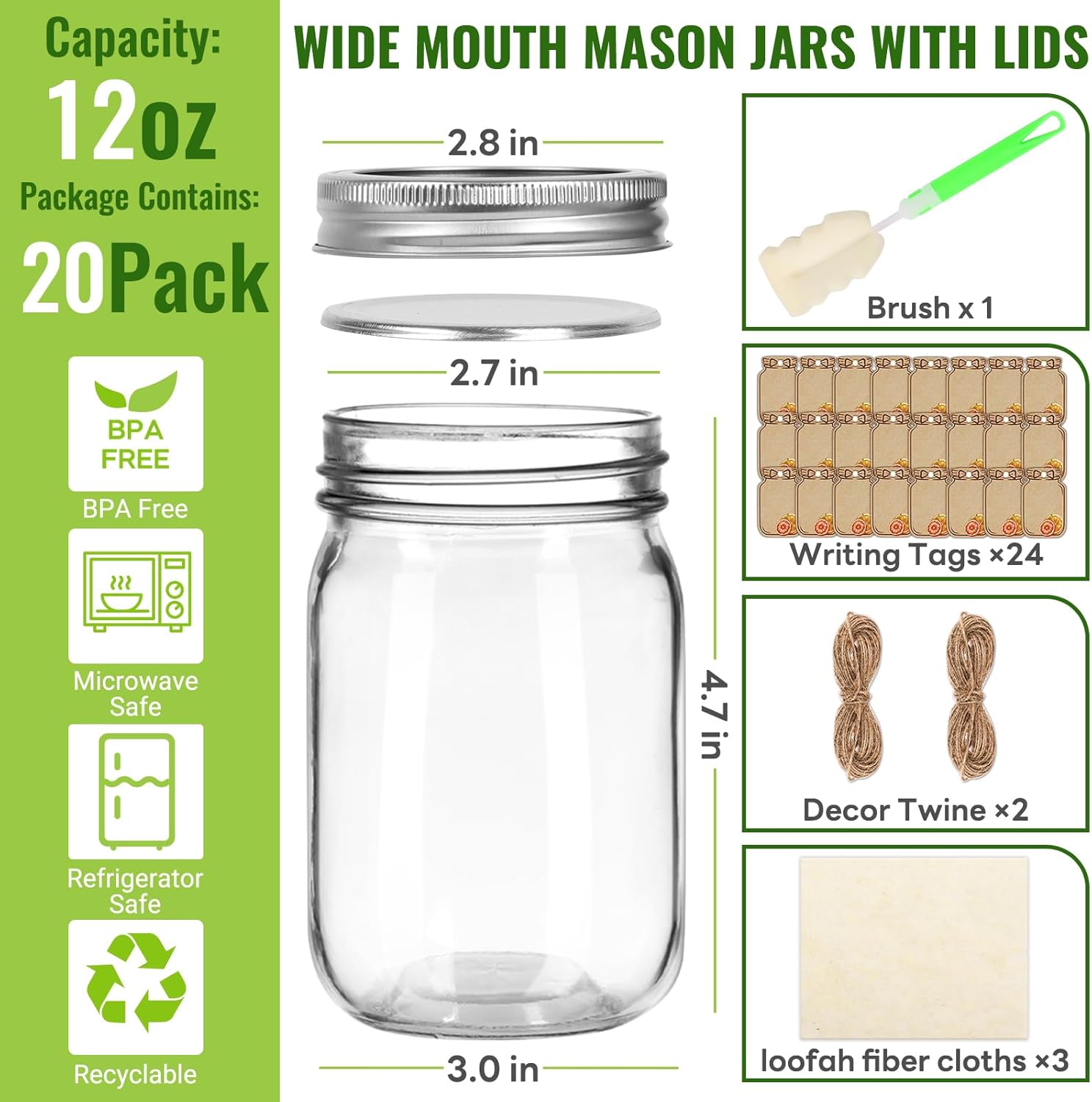 SZUAH 12 oz Mason Jars with Lids 20 Pack | Clear Canning Jars for Food Storage, Pickling, Meal Prep, Overnight Oats, Dry Food & DIY Crafts | Writing Tags, String, Brush, loofah fiber cloths Included
