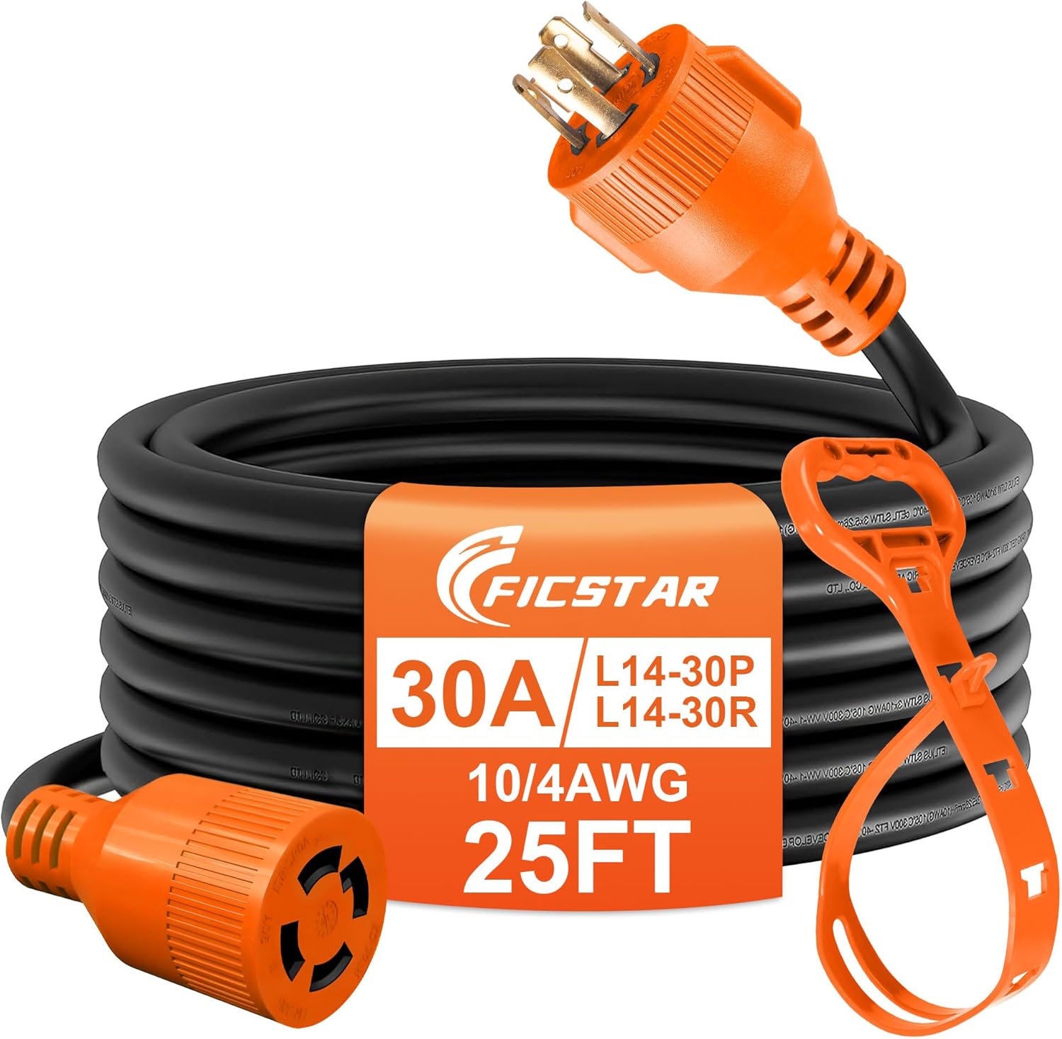 25 Ft 30 Amp 4 Prong Generator Extension Cord, NEMA L14-30P to L14-30R, 4×10 Gauge STW 125/250V Up to 7500W Generator Cable, ETL Listed 25FT Orange
