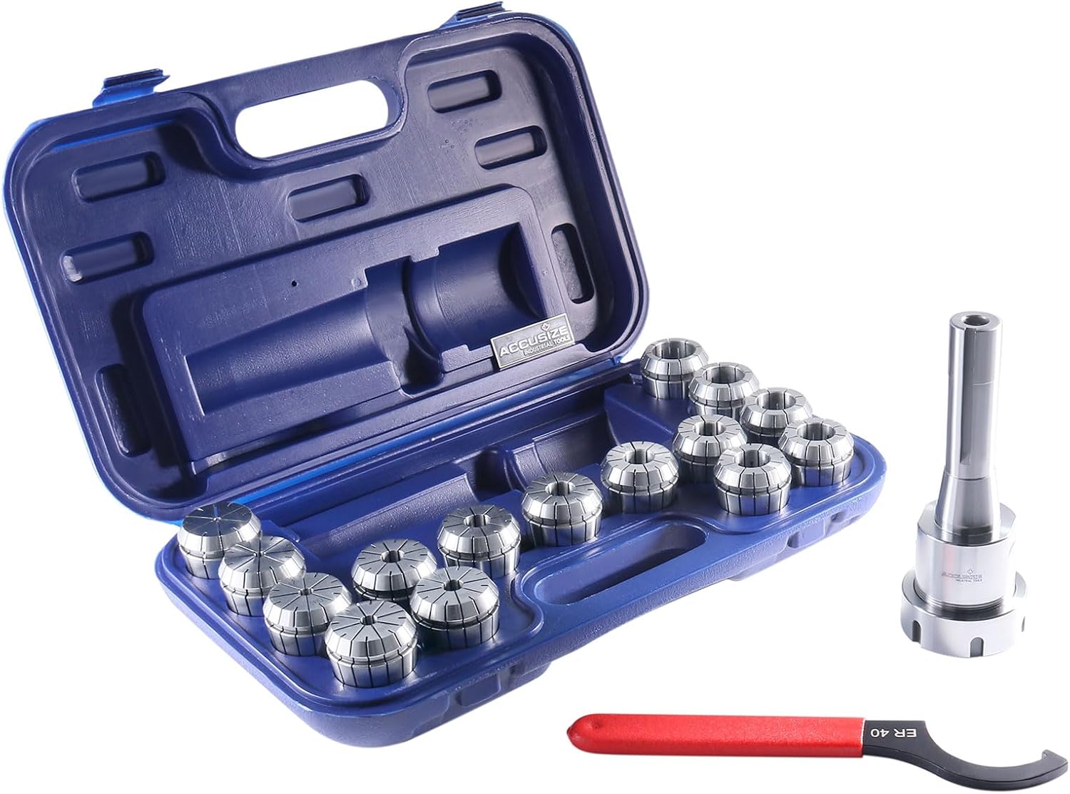 Accusize Industrial Tools - 15 Pc ER40 Precision Collet Set with R8 Bridgeport Shank Holder & Wrench, High Accuracy Tooling for Milling & Drilling, in Fitted Box, 0223-0984