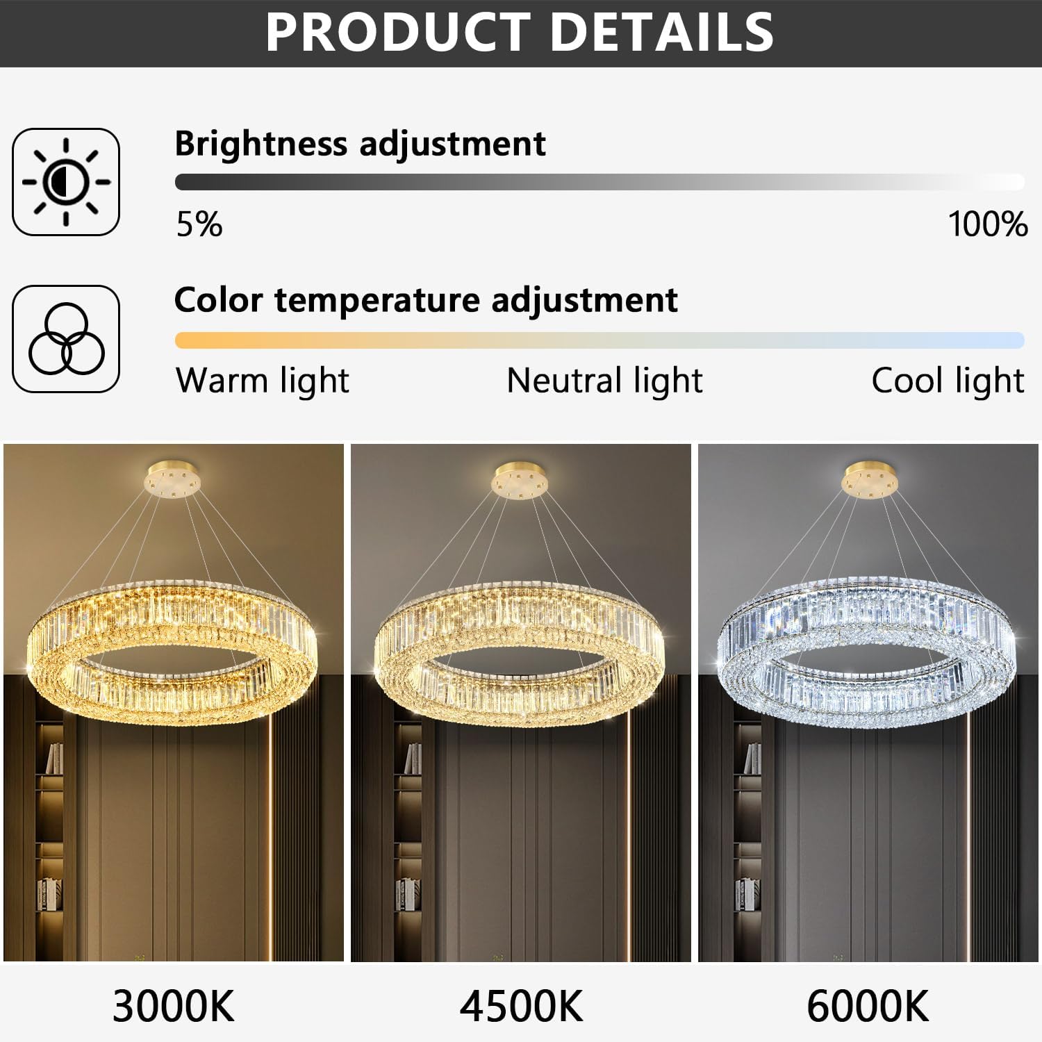 32'' Modern Ring Chandeliers for High Ceiling Luxury Dimmable Crystal Ceiling Light Fixtures for Foyer Staircase Entrance Villa Large Gold