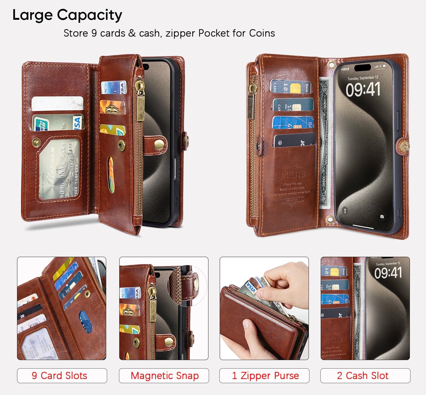 MInCYB for iPhone 15 MagSafe Wallet Case – Detachable Magnetic Wallet with RFID Blocking, PU Leather Zipper & Strap for Women Men. Brown