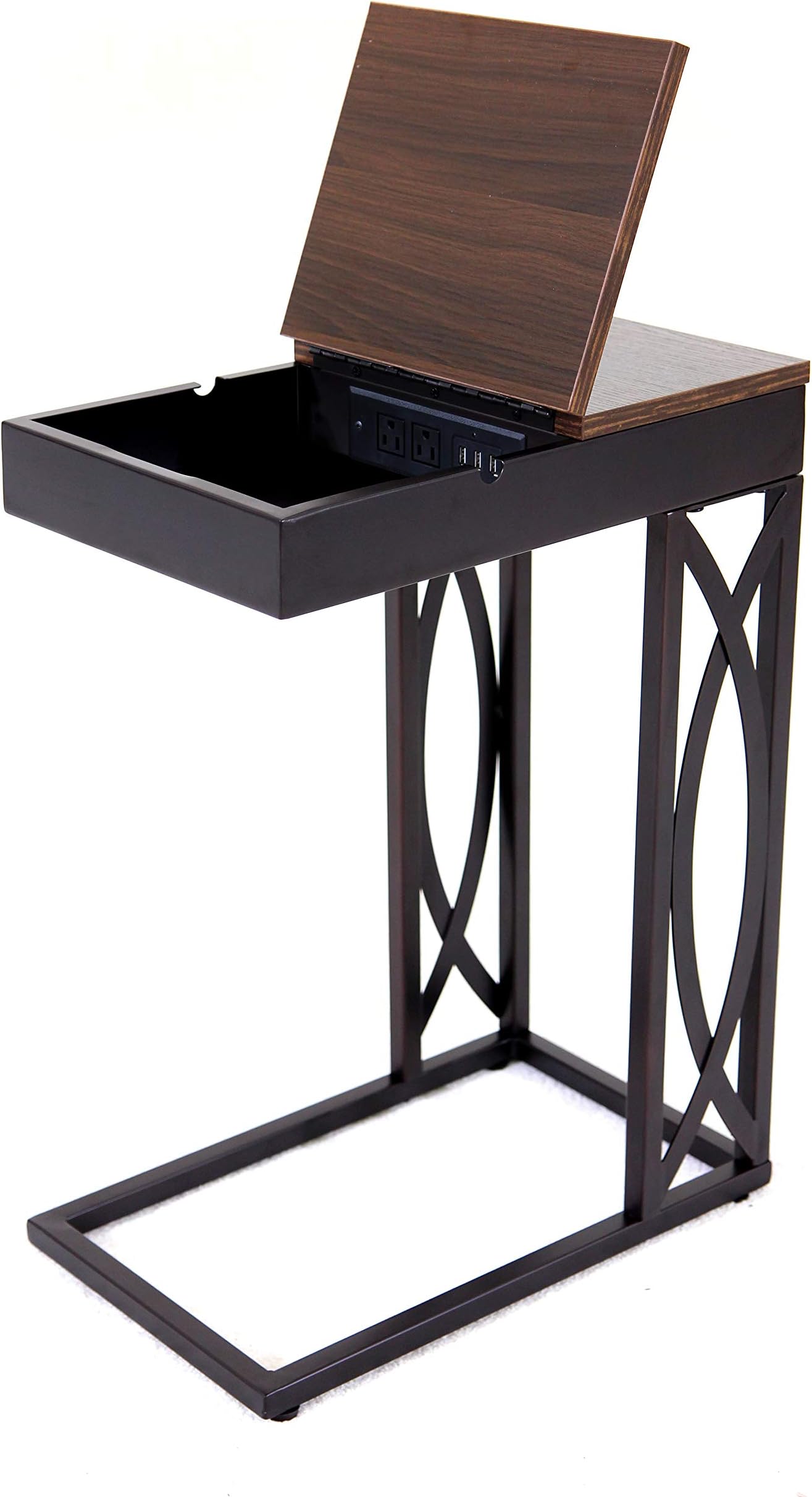 Leisure SpaceSeeTable - Stash with Device Stand, Charging Station, and Storage (Dark Brown Frame/Walnut Finish Table Top) - C Table/End Table/Side Table/Accent Table