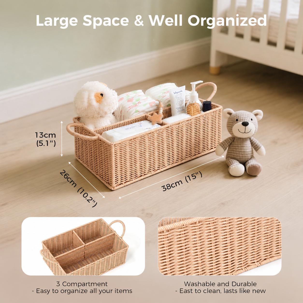 Windel-Caddy Organizer, Hand-Rattan, Babykorb, Wickeltisch-Organizer für Baby-Essentials, Babyparty-Geschenke, vielseitiger Regalkorb, Badezimmer-/Küchen-Organizer (Blush Beige, L)