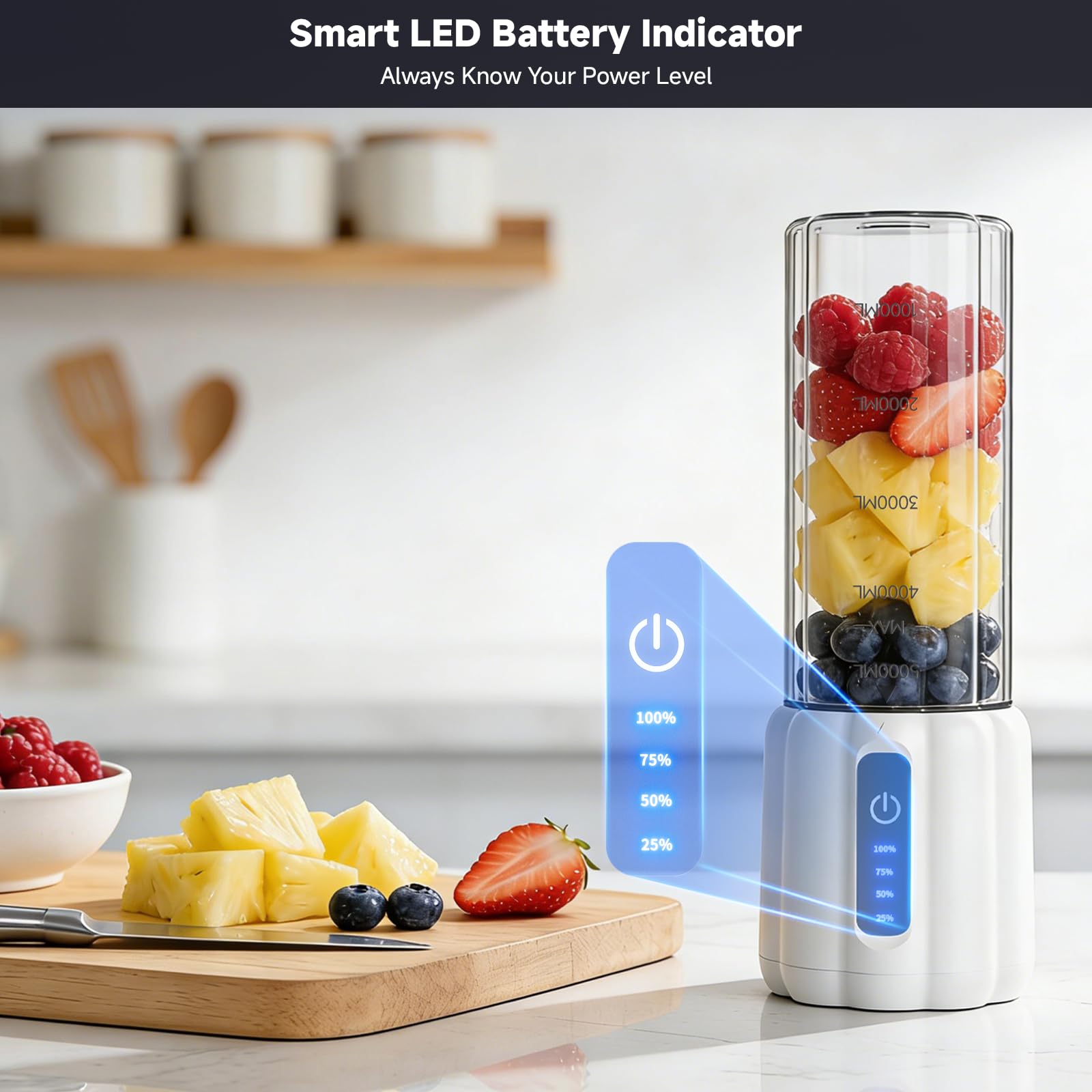 Batidora portátil, licuadora personal para batidos y batidos, pequeña batidora de jugo con pantalla LED, máquina de batidos recargable USB C con 6 cuchillas para cocina, exterior, gimnasio, 17