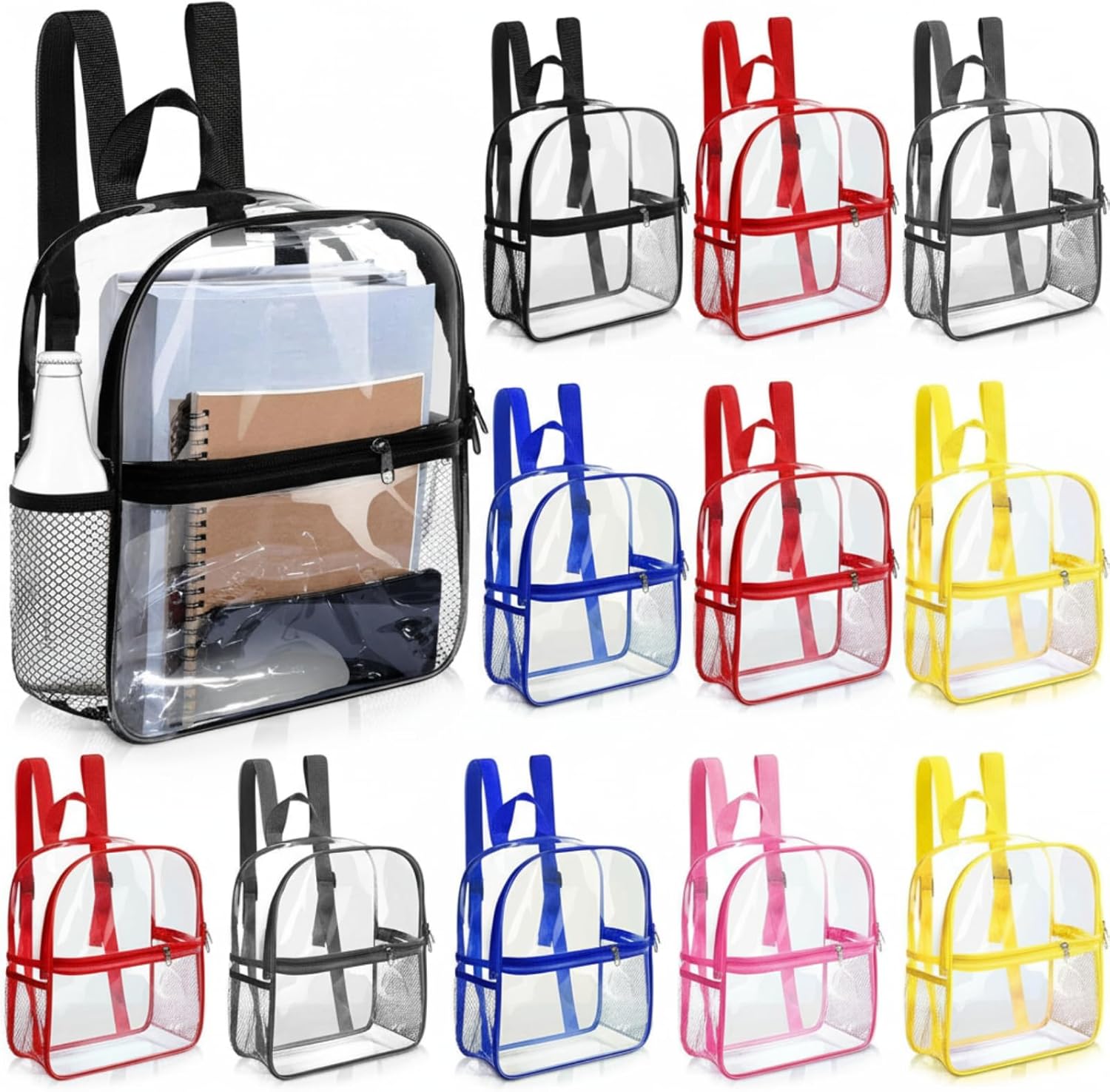 Sweetude 12 Pcs Clear Backpack bulk 11.4 x 9.5 x 5.1 Inch Bag Stadium Approved Plastic Transparent Backpack with 2 Water Holders (Black)