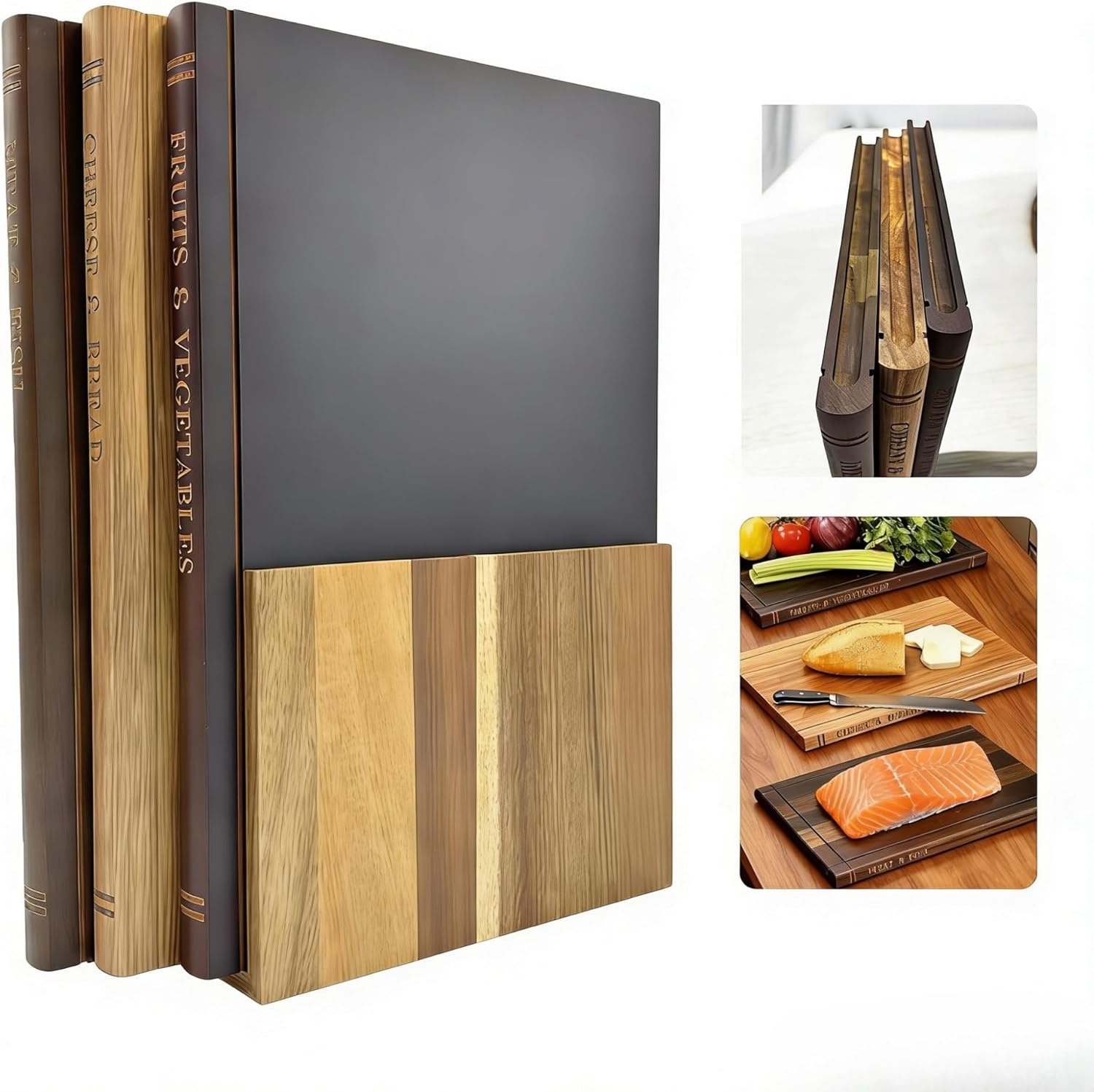 Book Cutting Board Set of 3 with Stand, Book Shaped Cutting Boards, Cutting Board Book Set for Meat Fruit Veggie, Decorative Cutting Board Books for Kitchen