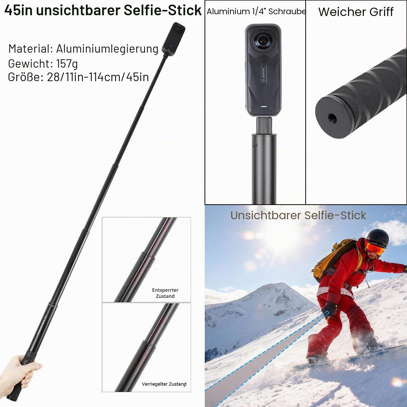 PellKing Zubehör-Set für insta360 X5, inklusive Tragetasche mit Gürtel, 2 Stück Metall 1/4" Adapter, Lenkerklemme, Magnetische Halterung, 109,2 cm Selfie Stick, Brustgurt, Kopfband, Rucksackhalterung