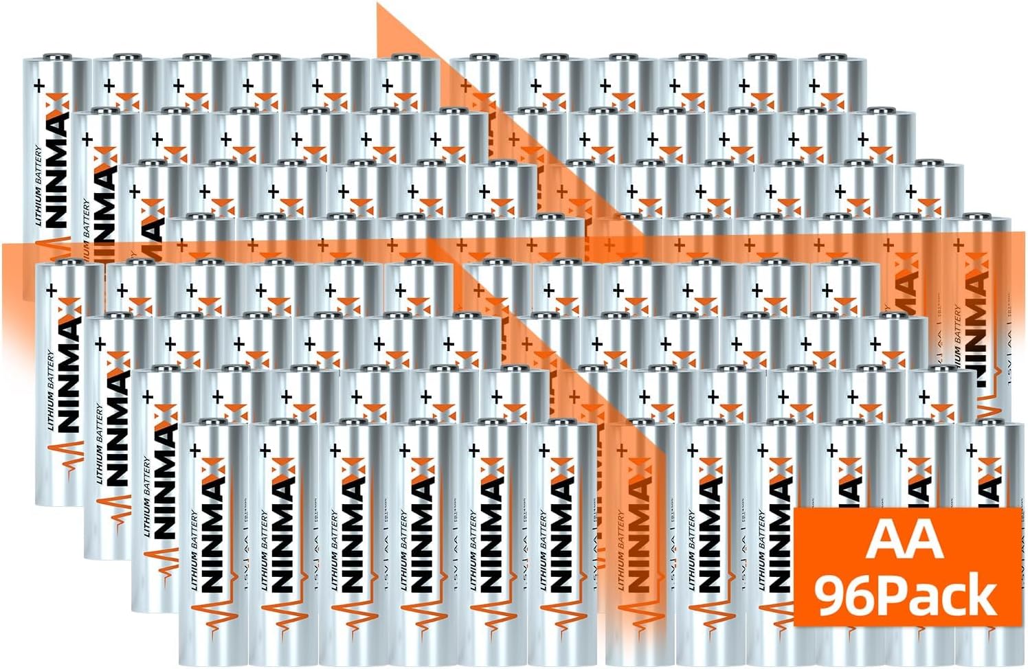 NINMAX® Lithium AA Batteries 3500mAh, 96 Count (Package with 12Pack*8), 1.5V Longest Lasting Double A Battery for High-Tech Devices【Non-Rechargeable】