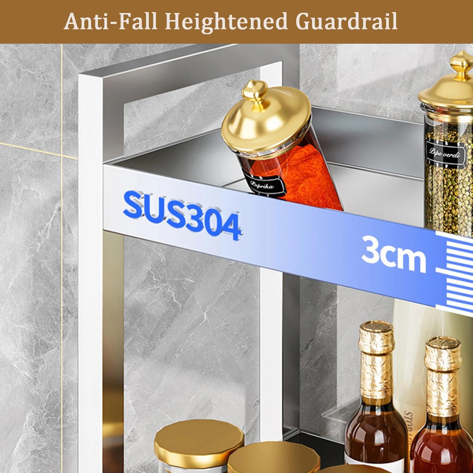 Großes Gewürzregal aus Edelstahl mit Schneidebrett – stehender Küchen-Aufbewahrungs-Organizer für Arbeitsplatte, Speisekammer und Badezimmer (3 Etagen, 40 cm)