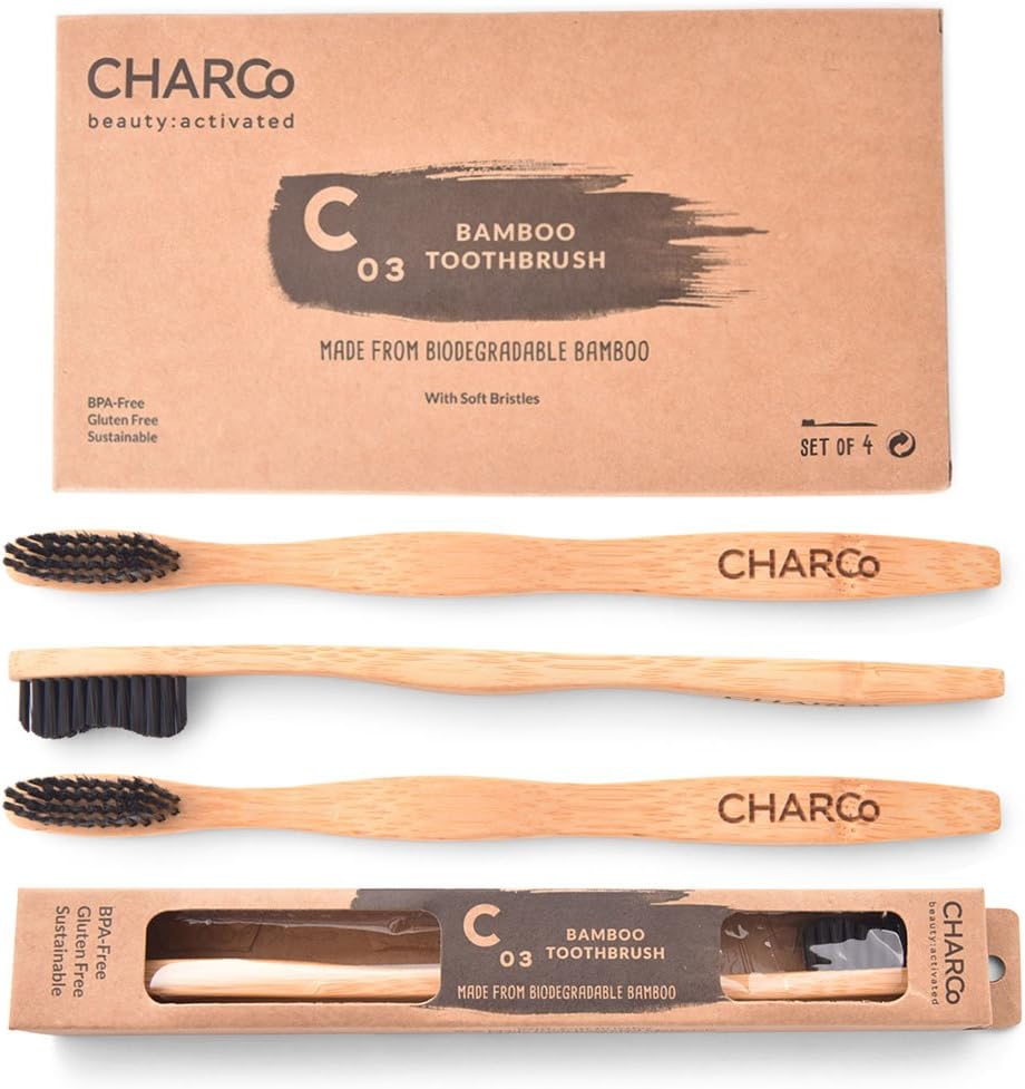 CHARCo Eco-Friendly Bamboo Toothbrush โ Set of 4 Toothbrushes โ Medium Soft โ Value Pack โ Brush Your Teeth The Environmentally Friendly Way โ Gentle Effective Cleaning with Ergonomic Design