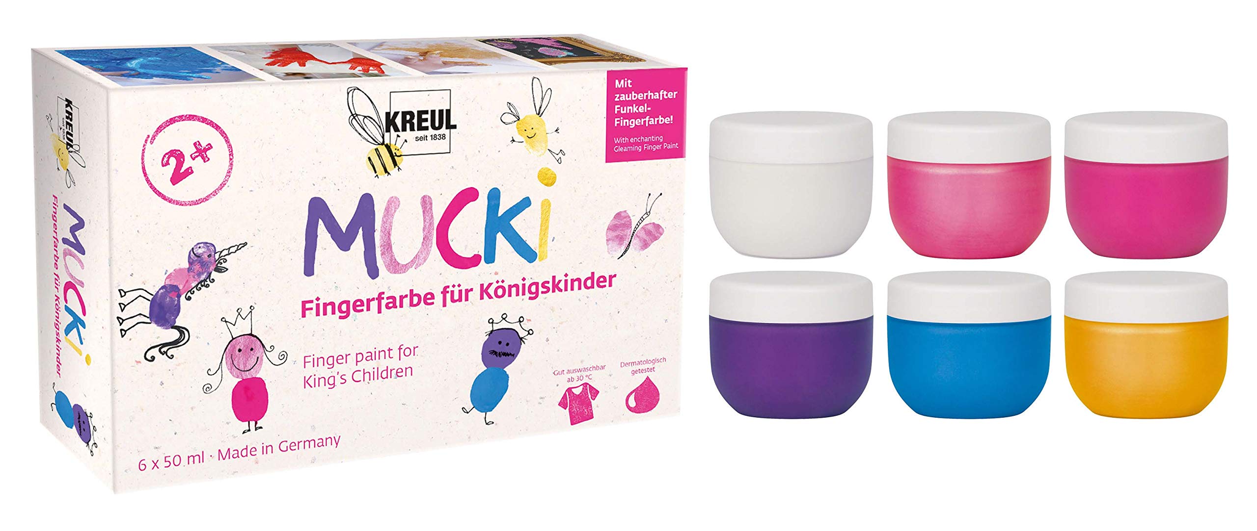 Kreul 2316 - Mucki leuchtkräftige Fingerfarbe, 6x150 ml & 23051 - Mucki Fingerfarbe für Königskinder, 6 x 50 ml in weiß, rosa, pink, lila, blau und gelb, parabenfrei, glutenfrei, laktosefrei und vegan