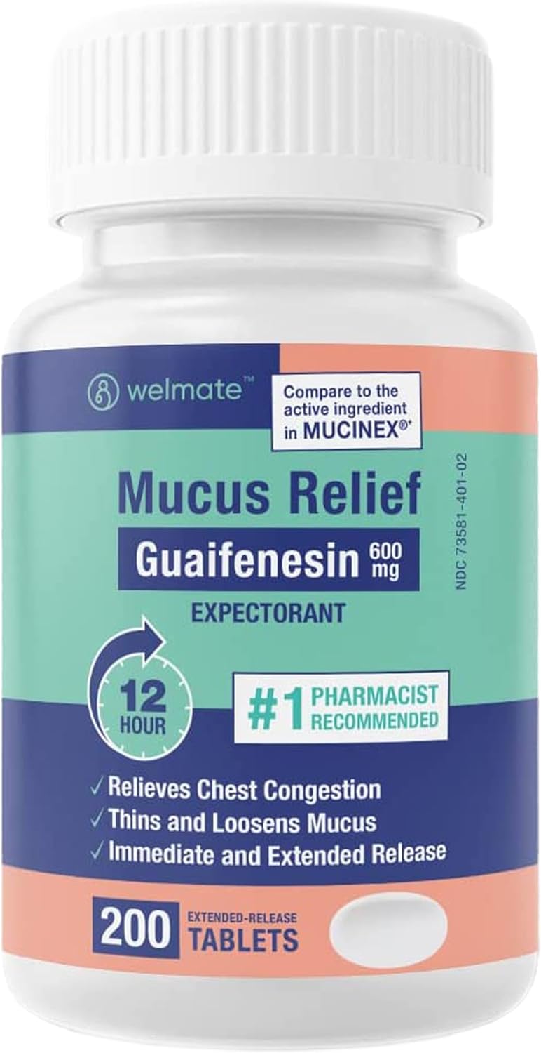 WELMATE - Mucus Relief - Guaifenesin 600mg - 12 Hr Support - Temporary Relief from Cough, Nasal & Chest Congestion, Infections, Colds, & Allergies - Expectorant - Extended-Release Tablets - 200 Ct