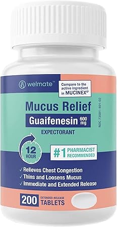 WELMATE - Mucus Relief - Guaifenesin 600mg - 12 Hr Support - Temporary Relief from Cough, Nasal & Chest Congestion, Infections, Colds, & Allergies - Expectorant - Extended-Release Tablets - 200 Ct