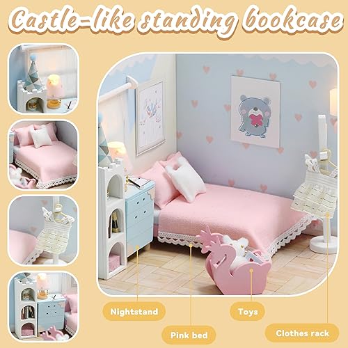 Miniatura 7 de Kisoy Casa de muñecas en miniatura con kit de muebles, kit de casa de madera 3D para bricolaje, una esquina de un pequeño estilo de apartamento con