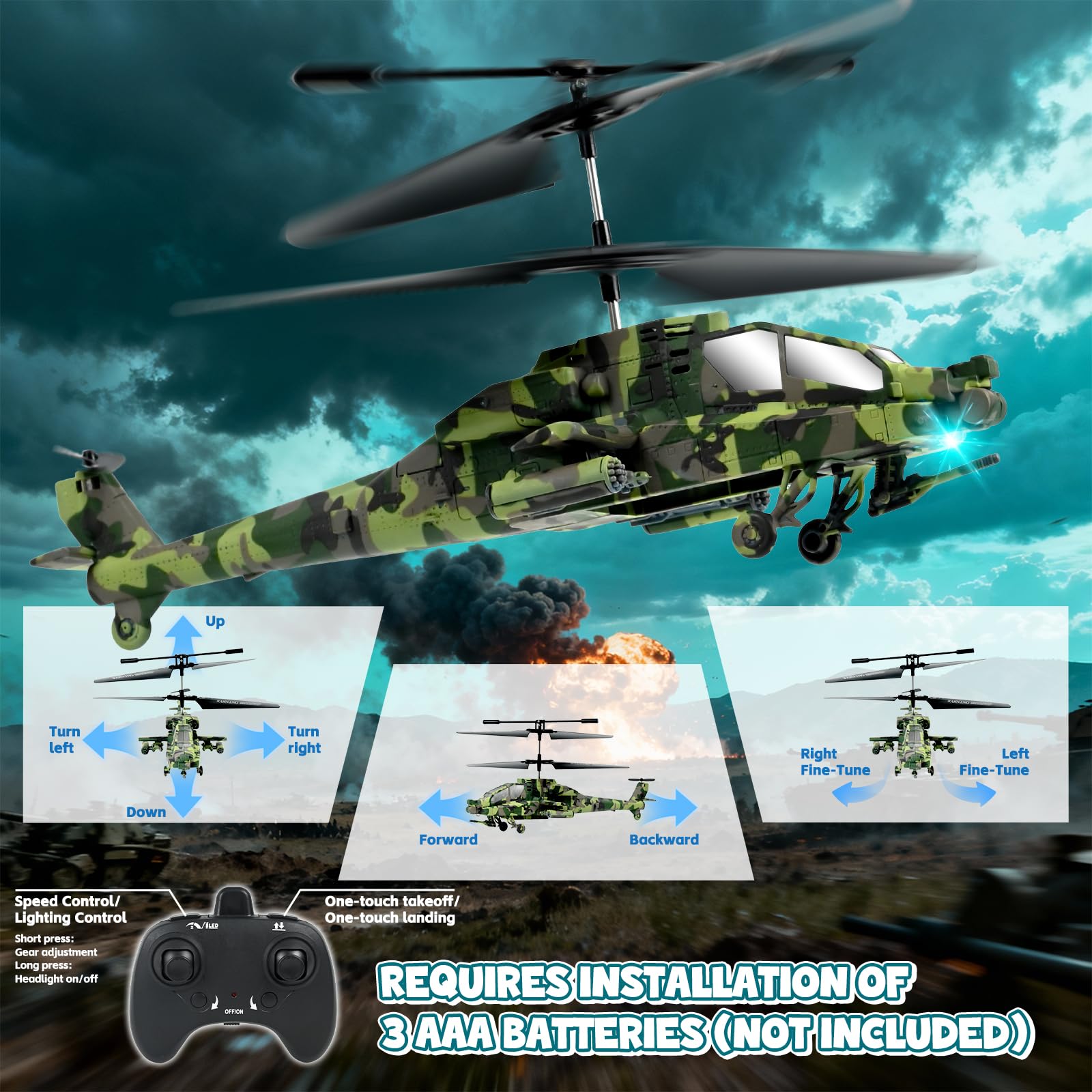 Ulikey Helicoptero Teledirigido, RC Helicóptero Militar Control Remoto 2.4 GHz, con Luz y 2 Baterías, Retención Altitud, Despegue con Una Sola Tecla, Juguete para Niños de 8 a 12 años (Verde)